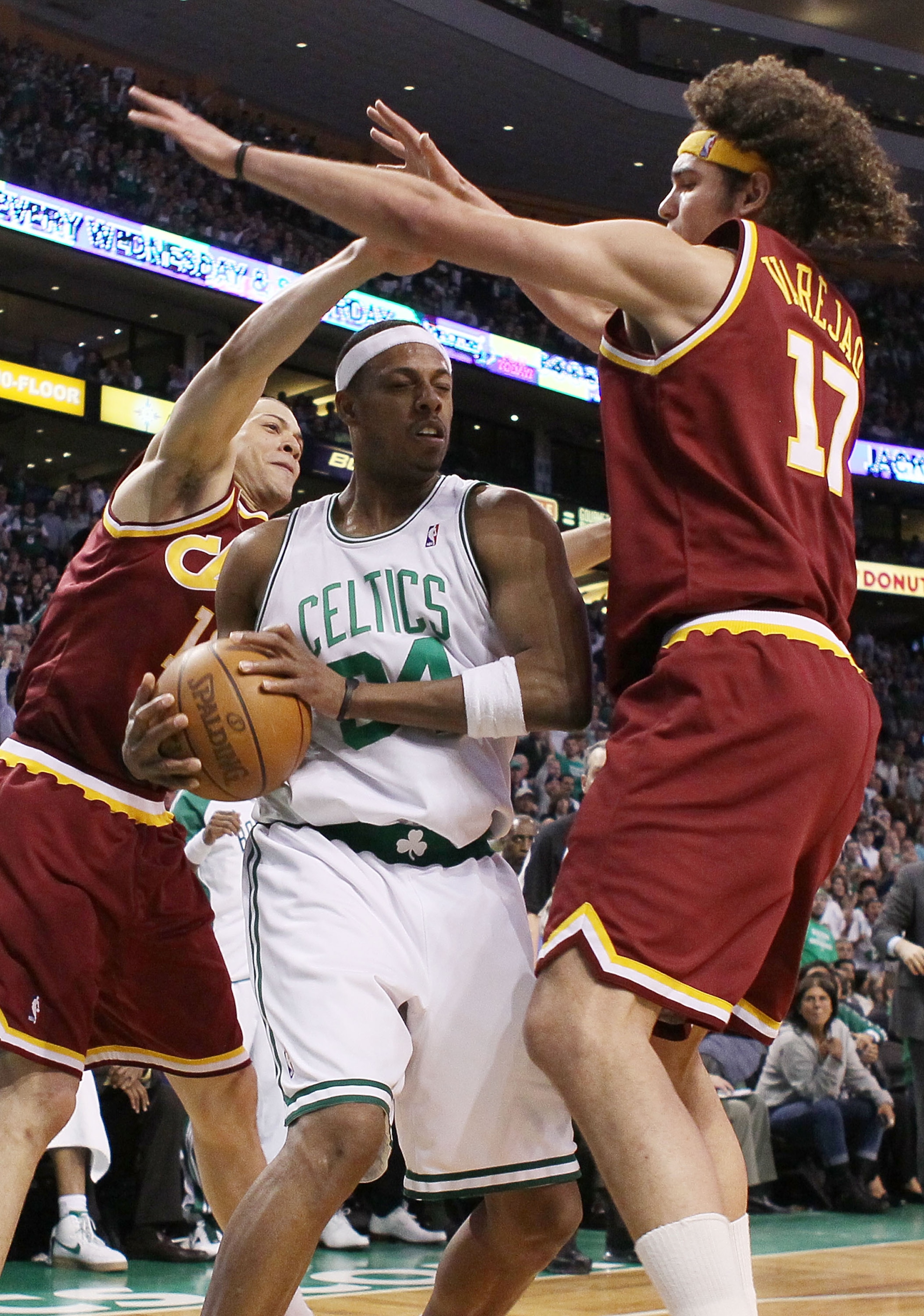 BOSTON - MAY 09:  Paul Pierce #34 of the Boston Celtics is surrounded by Anderson Varejao #17 and Anthony Parker #18 of the Cleveland Cavaliers during Game Four of the Eastern Conference Semifinals of the 2010 NBA playoffs at TD Garden on May 9, 2010 in B