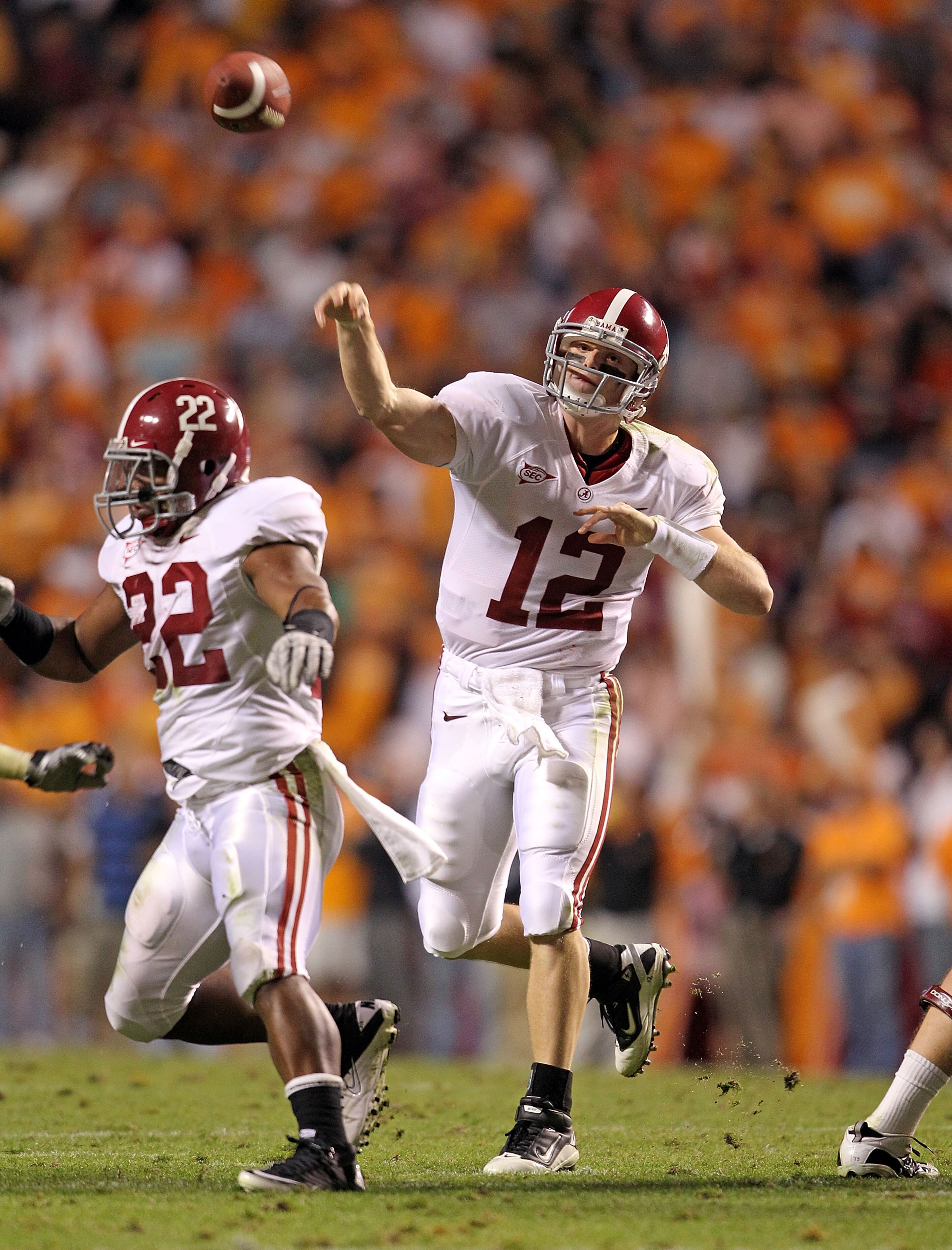 KNOXVILLE, TN - OCTOBER 23: Greg McElroy #12 of the Alabama Crimson Tide throws a pass during the SEC game against the Tennessee Volunteers at Neyland Stadium on October 23, 2010 in Knoxville, Tennessee.  (Photo by Andy Lyons/Getty Images)