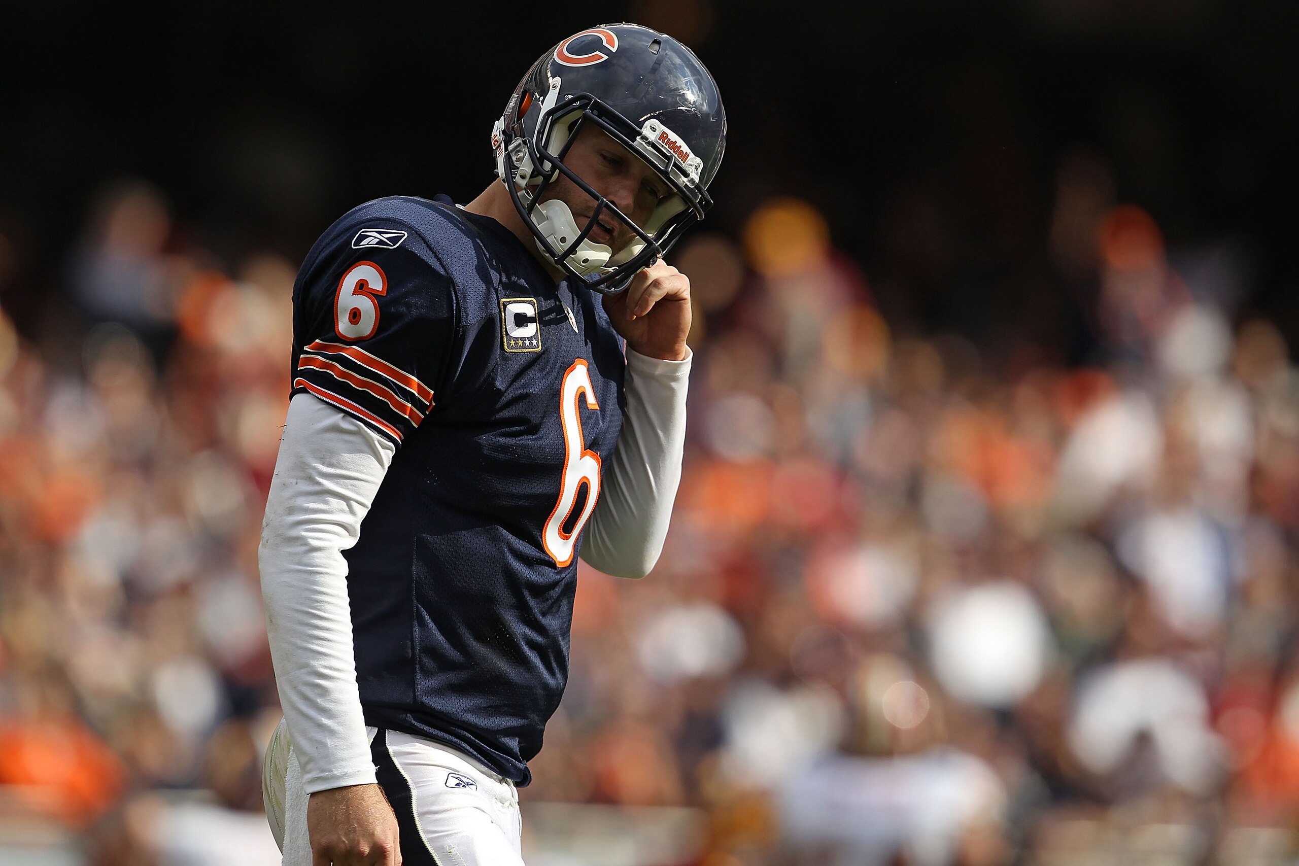 CHICAGO - OCTOBER 24: Jay Cutler #6 of the Chicago Bears walks off the field after throwing an interception against the Washington Redskins at Soldier Field on October 24, 2010 in Chicago, Illinois. The Redskins defeated the Bears 17-14. (Photo by Jonatha
