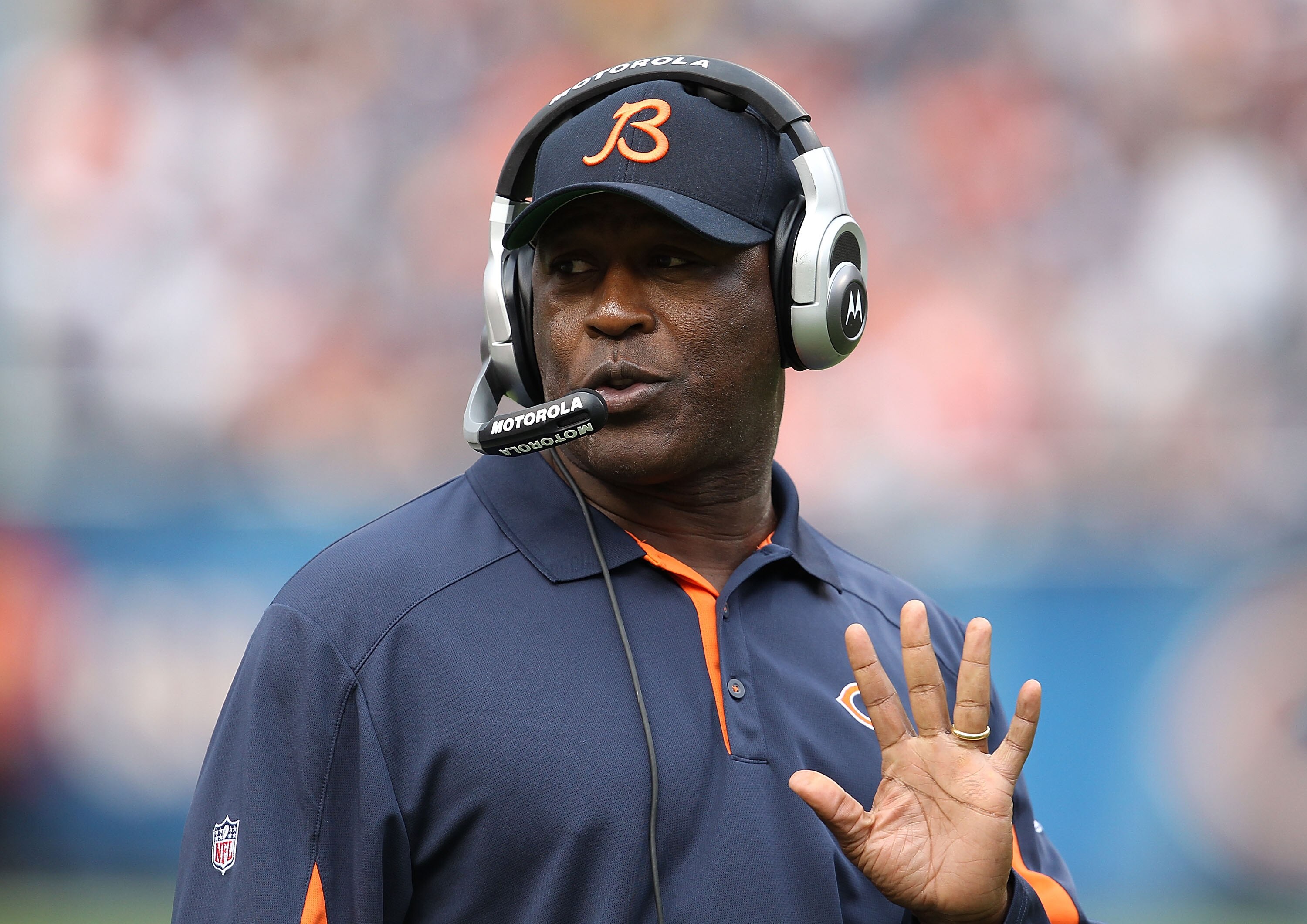 CHICAGO - OCTOBER 24: Head coach Lovie Smith of the Chicago Bears gives instructions during a game against the Washington Redskins at Soldier Field on October 24, 2010 in Chicago, Illinois. The Redskins defeated the Bears 17-14. (Photo by Jonathan Daniel/
