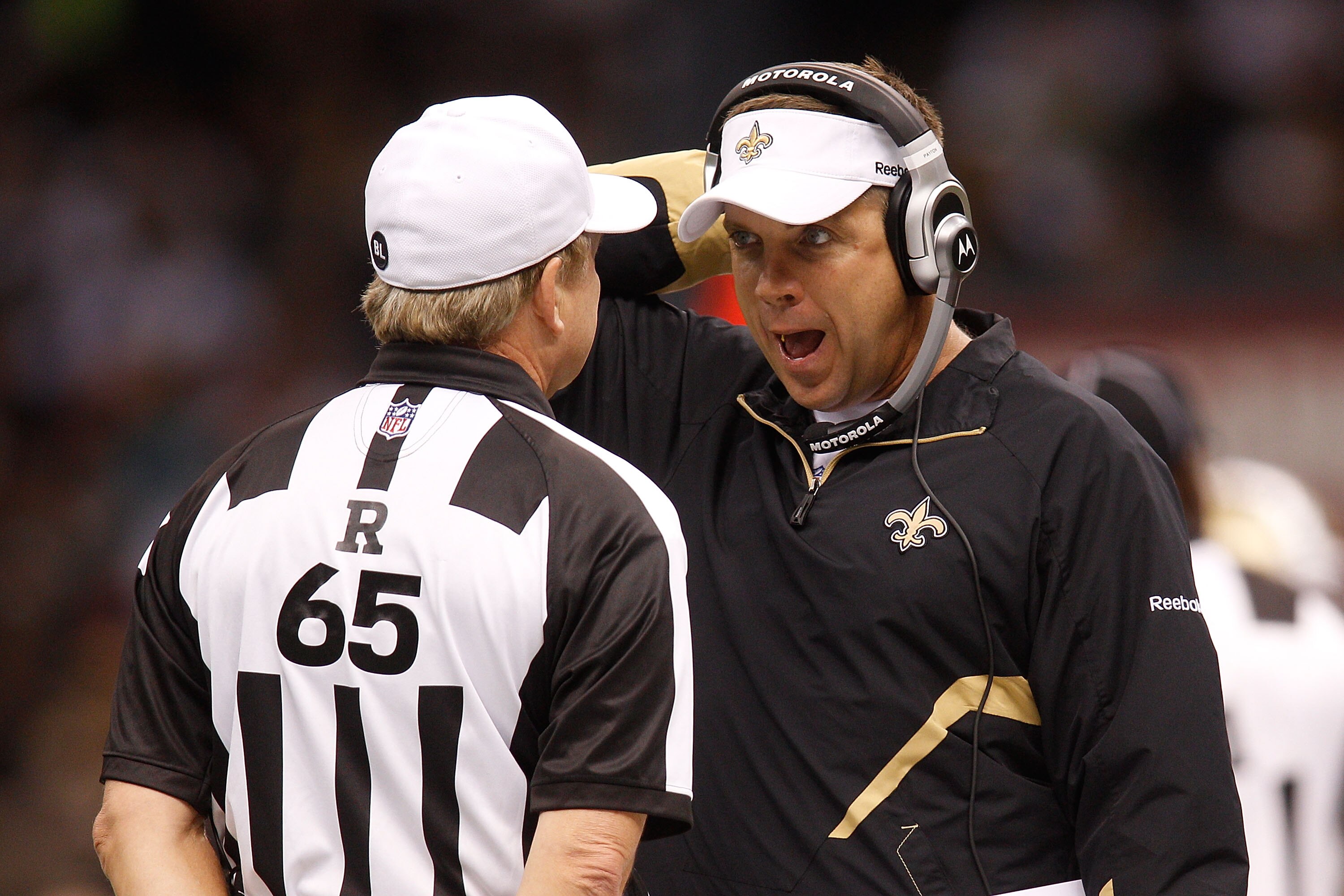 NEW ORLEANS - OCTOBER 24:  Head coach Sean Payton of the New Orleans Saints talks with the referee during the game against the Cleveland Browns at the Louisiana Superdome on October 24, 2010 in New Orleans, Louisiana.  (Photo by Chris Graythen/Getty Image
