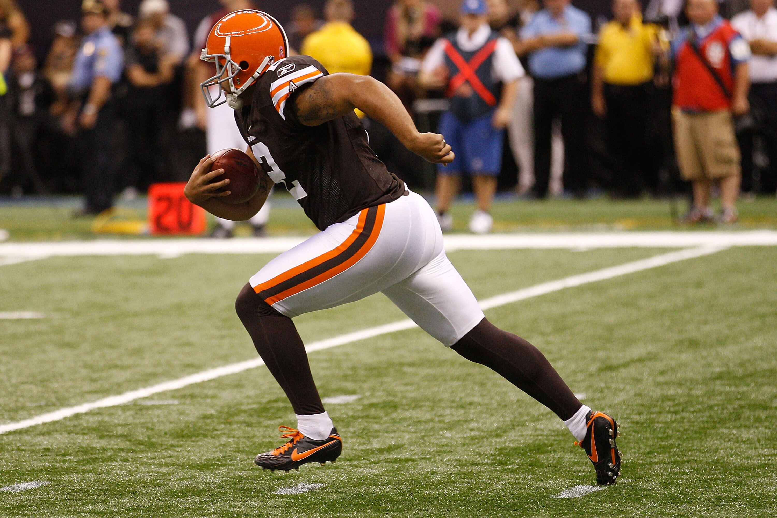 NEW ORLEANS - OCTOBER 24:  Punter Reggie Hodges #2 of the Cleveland Browns runs for 68 yards on a fake punt during the game against the New Orleans Saints at the Louisiana Superdome on October 24, 2010 in New Orleans, Louisiana.  (Photo by Chris Graythen/