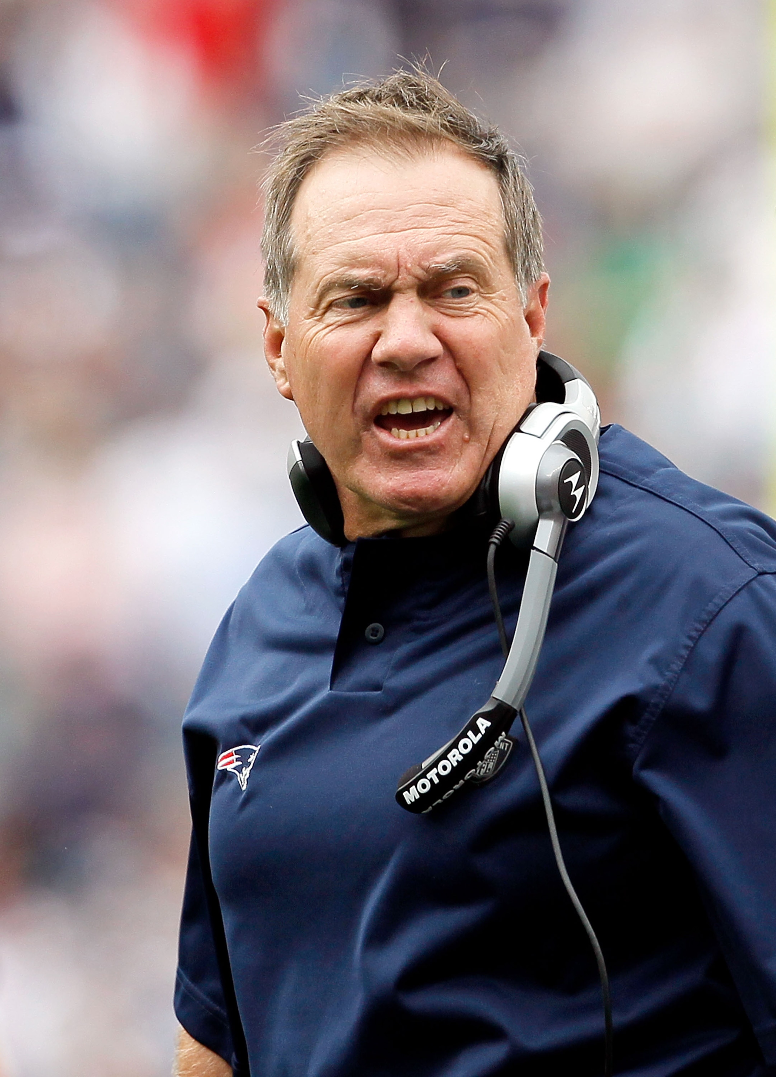 FOXBORO, MA - SEPTEMBER 26:  Coach Bill Belichick of the New England Patriots reacts to an official's call in the first half against the Buffalo Bills at Gillette Stadium on September 26, 2010 in Foxboro, Massachusetts. (Photo by Jim Rogash/Getty Images)