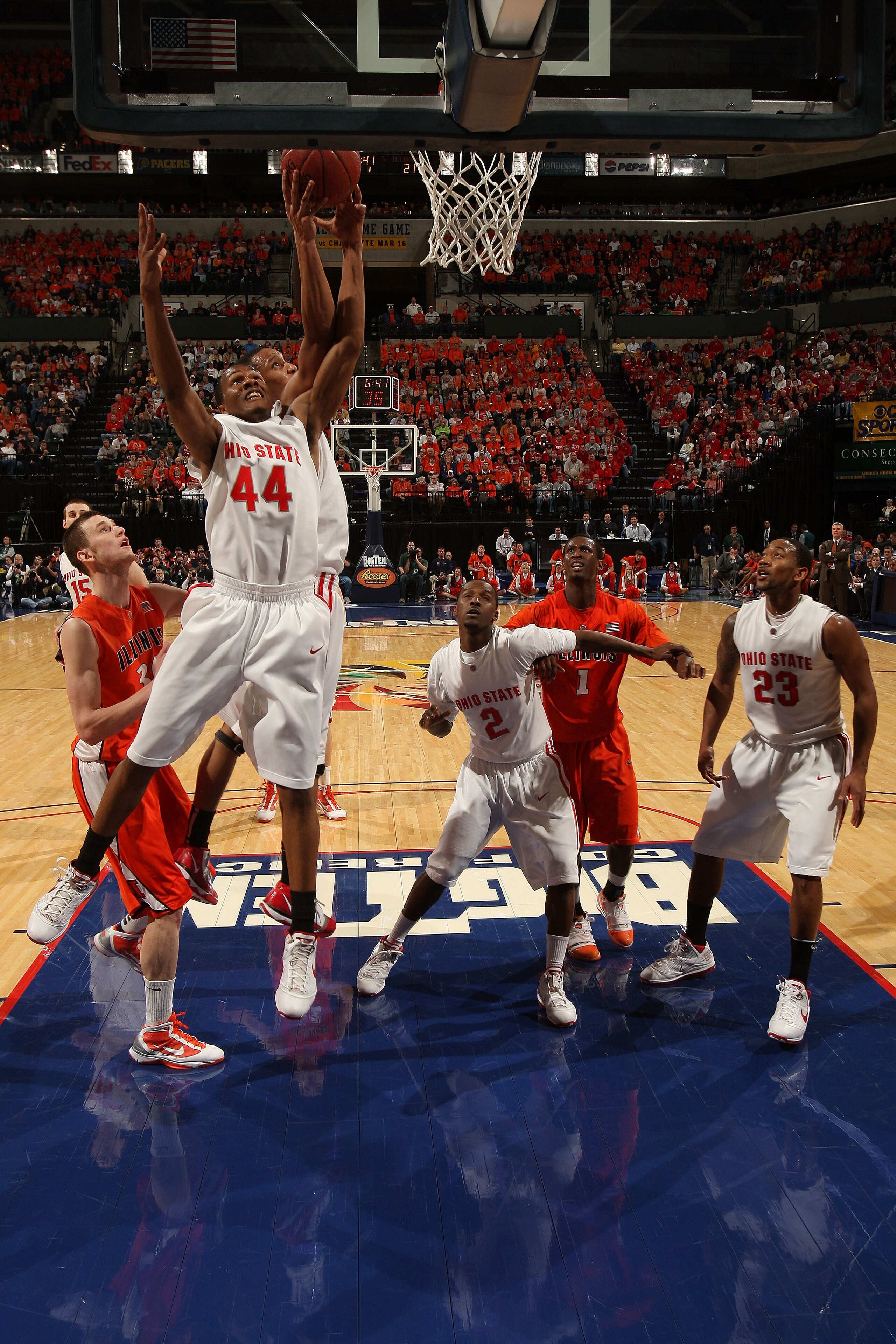 INDIANAPOLIS - MARCH 13:  Guard William Buford #44 of the Ohio State Buckeyes grabs a rebound against the Illinois Fighting Illini in the semifinals of the Big Ten Men's Basketball Tournament at Conseco Fieldhouse on March 13, 2010 in Indianapolis, Indian