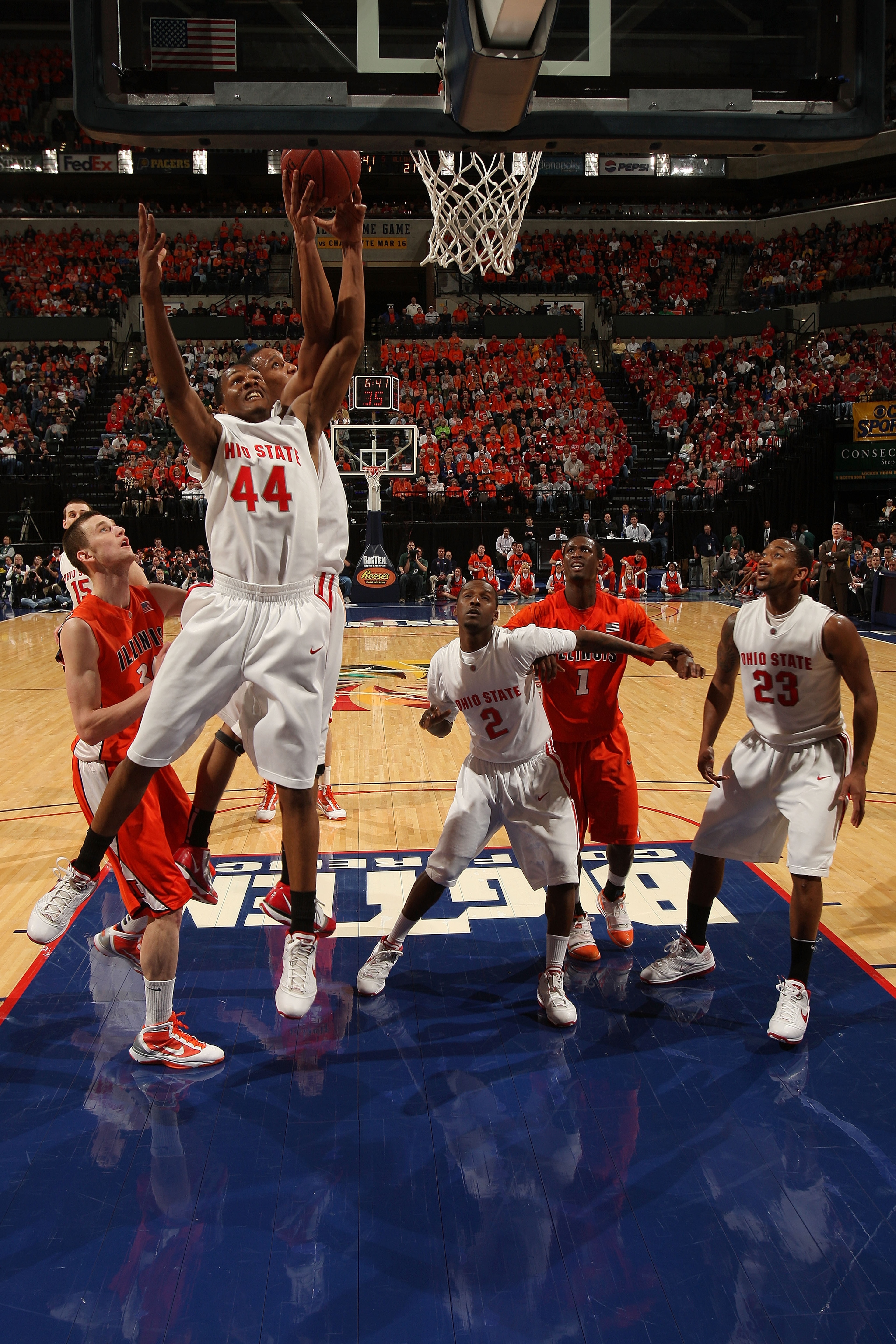 INDIANAPOLIS - MARCH 13:  Guard William Buford #44 of the Ohio State Buckeyes grabs a rebound against the Illinois Fighting Illini in the semifinals of the Big Ten Men's Basketball Tournament at Conseco Fieldhouse on March 13, 2010 in Indianapolis, Indian