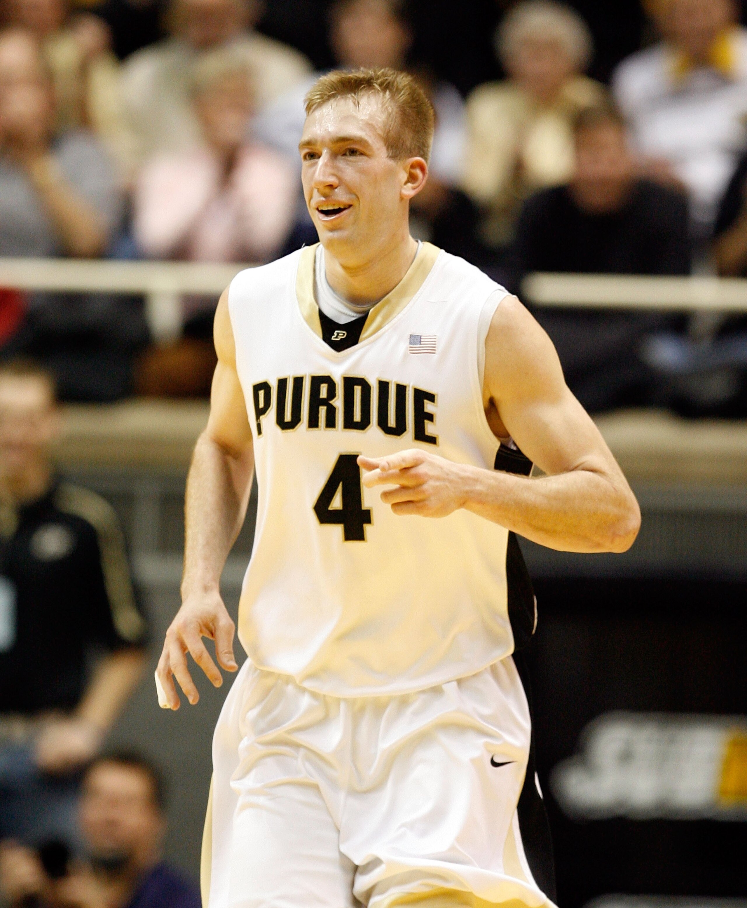 WEST LAFAYETTE, IN - JANUARY 12:  Robbie Hummel #4 of the Purdue Boilermakers runs during the Big Ten game against the Ohio State Buckeyes at Mackey Arena on January 12, 2010 in West Lafayette, Indiana. Ohio State won 70-66.  (Photo by Andy Lyons/Getty Im