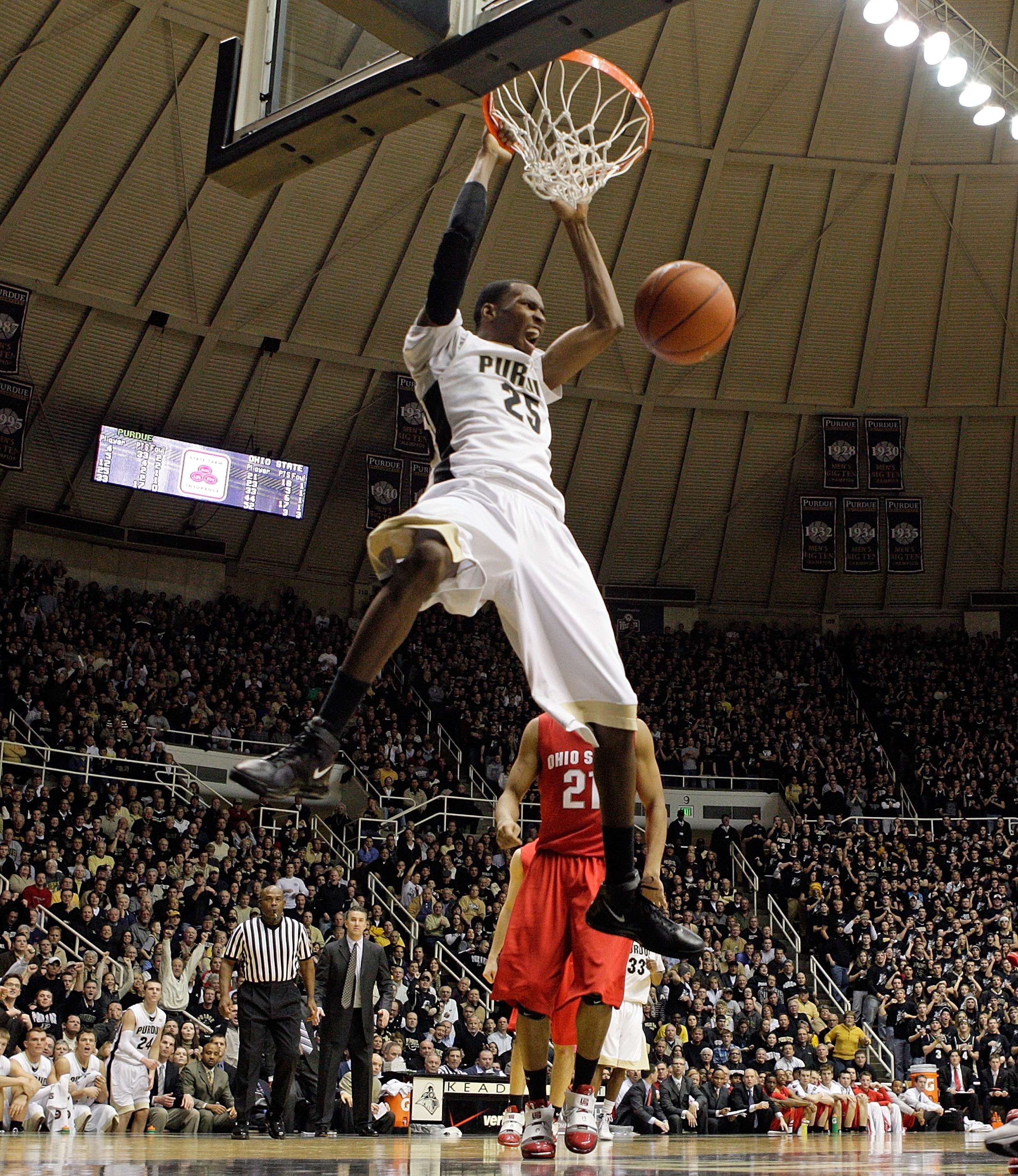 WEST LAFAYETTE, IN - JANUARY 12:  JaJuan Johnson #25 of the Purdue Boilermakers shoots the ball during the Big Ten game against the Ohio State Buckeyes at Mackey Arena on January 12, 2010 in West Lafayette, Indiana. Ohio State won 70-66.  (Photo by Andy L
