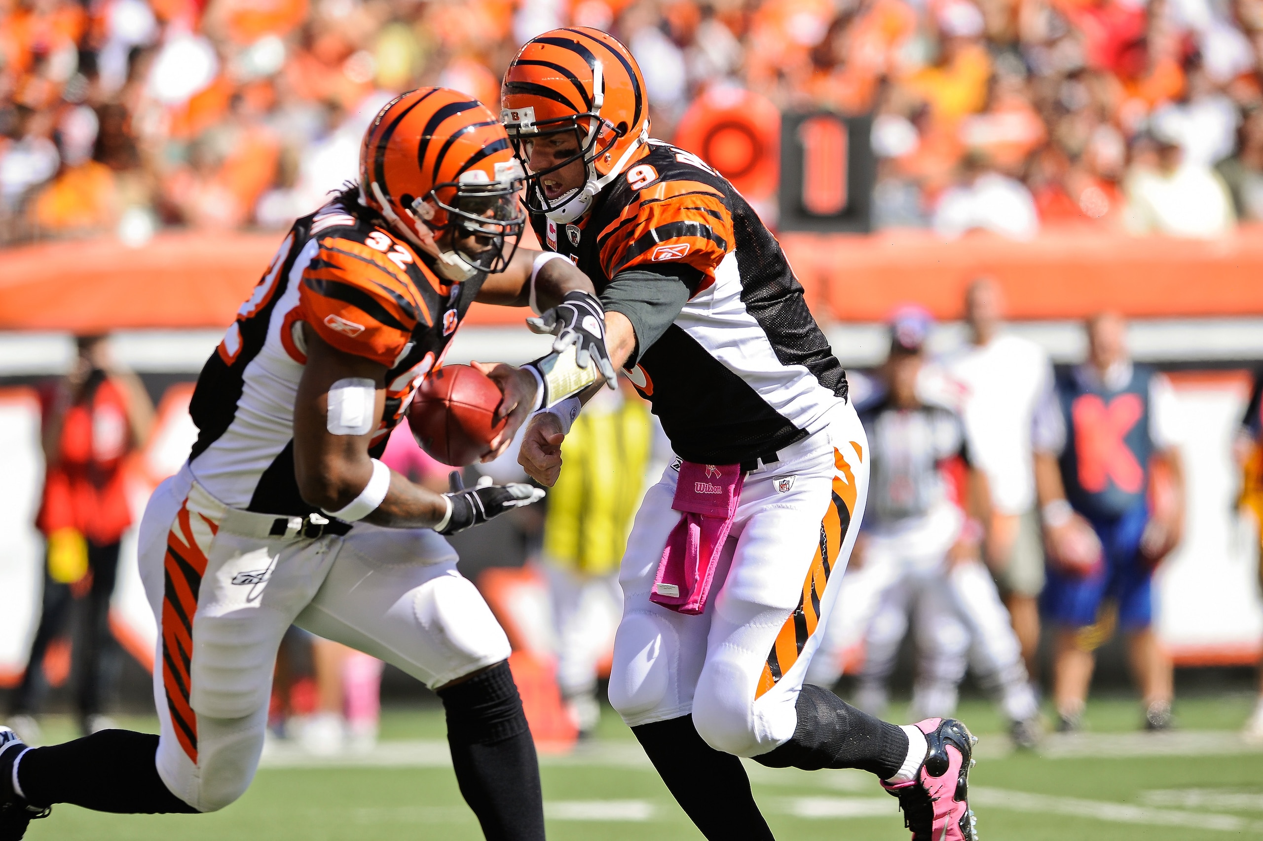 CINCINNATI, OH - OCTOBER 10: Quarterback Carson Palmer #9 of the Cincinnati Bengals hands off to Cedric Benson #32 of the Bengals during a game against the Tampa Bay Buccaneers at Paul Brown Stadium on October 10, 2010 in Cincinnati, Ohio. (Photo by Jamie CINCINNATI, OH - OCTOBER 10: Quarterback Carson Palmer #9 of the Cincinnati Bengals hands off to Cedric Benson #32 of the Bengals during a game against the Tampa Bay Buccaneers at Paul Brown Stadium on October 10, 2010 in Cincinnati, Ohio. (Photo by Jamie