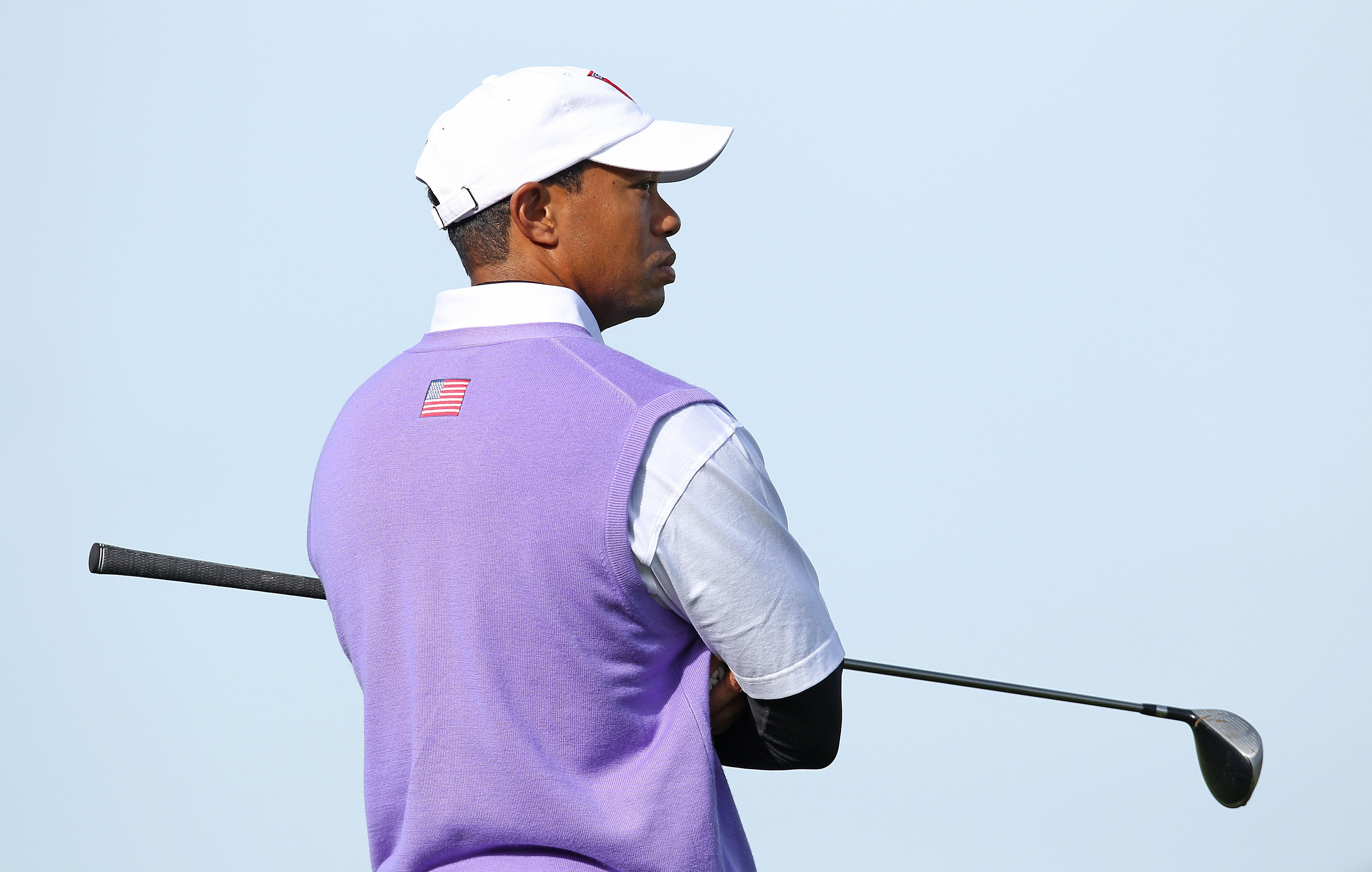 NEWPORT, WALES - OCTOBER 02:  Tiger Woods of the USA looks on during the rescheduled Morning Fourball Matches during the 2010 Ryder Cup at the Celtic Manor Resort on October 2, 2010 in Newport, Wales.  (Photo by Andy Lyons/Getty Images)
