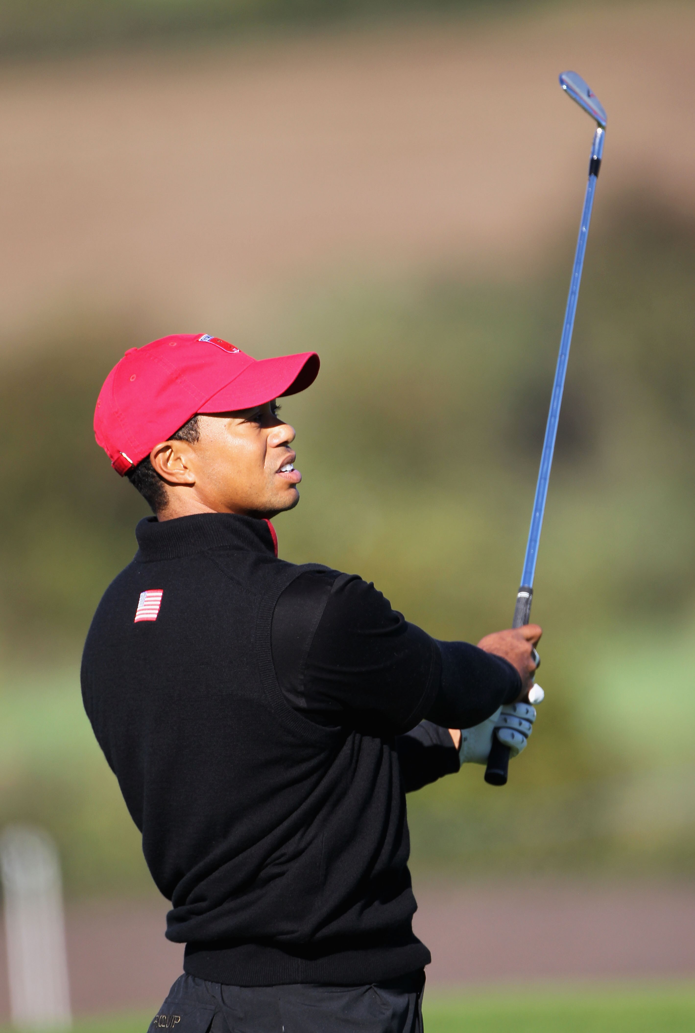 NEWPORT, WALES - OCTOBER 04:  Tiger Woods of the USA hits a shot on the first hole in the singles matches during the 2010 Ryder Cup at the Celtic Manor Resort on October 4, 2010 in Newport, Wales.  (Photo by Jamie Squire/Getty Images)