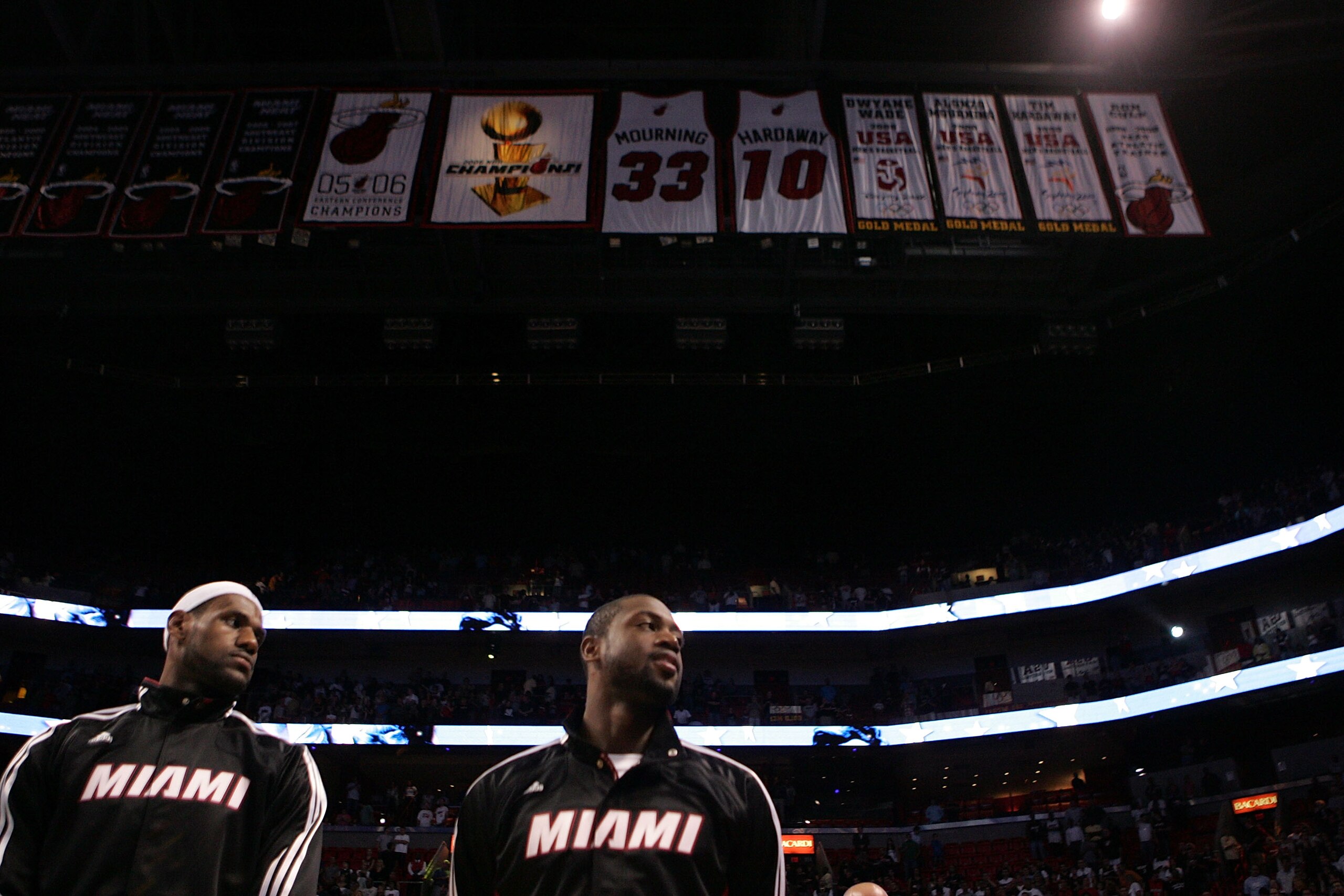 MIAMI - OCTOBER 12:  Forward LeBron James #6 and Dwyane Wade #3 of the Miami Heat prior to playing CSKA Moskow on October 12, 2010 in Miami, Florida.  NOTE TO USER: User expressly acknowledges and agrees that, by downloading and or using this photograph,