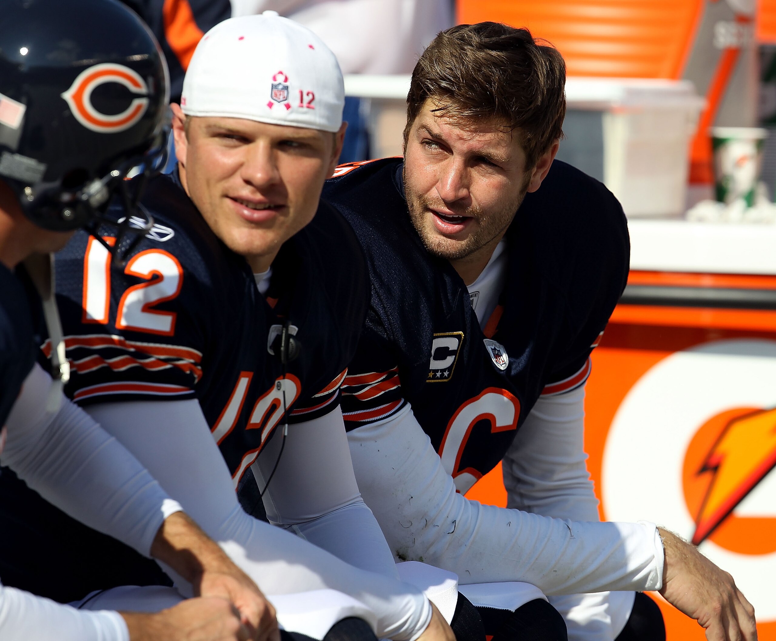 CHICAGO - OCTOBER 24: Jay Cutler #6 of the Chicago Bears talks with teammates including Caleb Hanie #12 on the bench during a game against the Washington Redskins at Soldier Field on October 24, 2010 in Chicago, Illinois. The Redskins defeated the Bears 1 CHICAGO - OCTOBER 24: Jay Cutler #6 of the Chicago Bears talks with teammates including Caleb Hanie #12 on the bench during a game against the Washington Redskins at Soldier Field on October 24, 2010 in Chicago, Illinois. The Redskins defeated the Bears 1