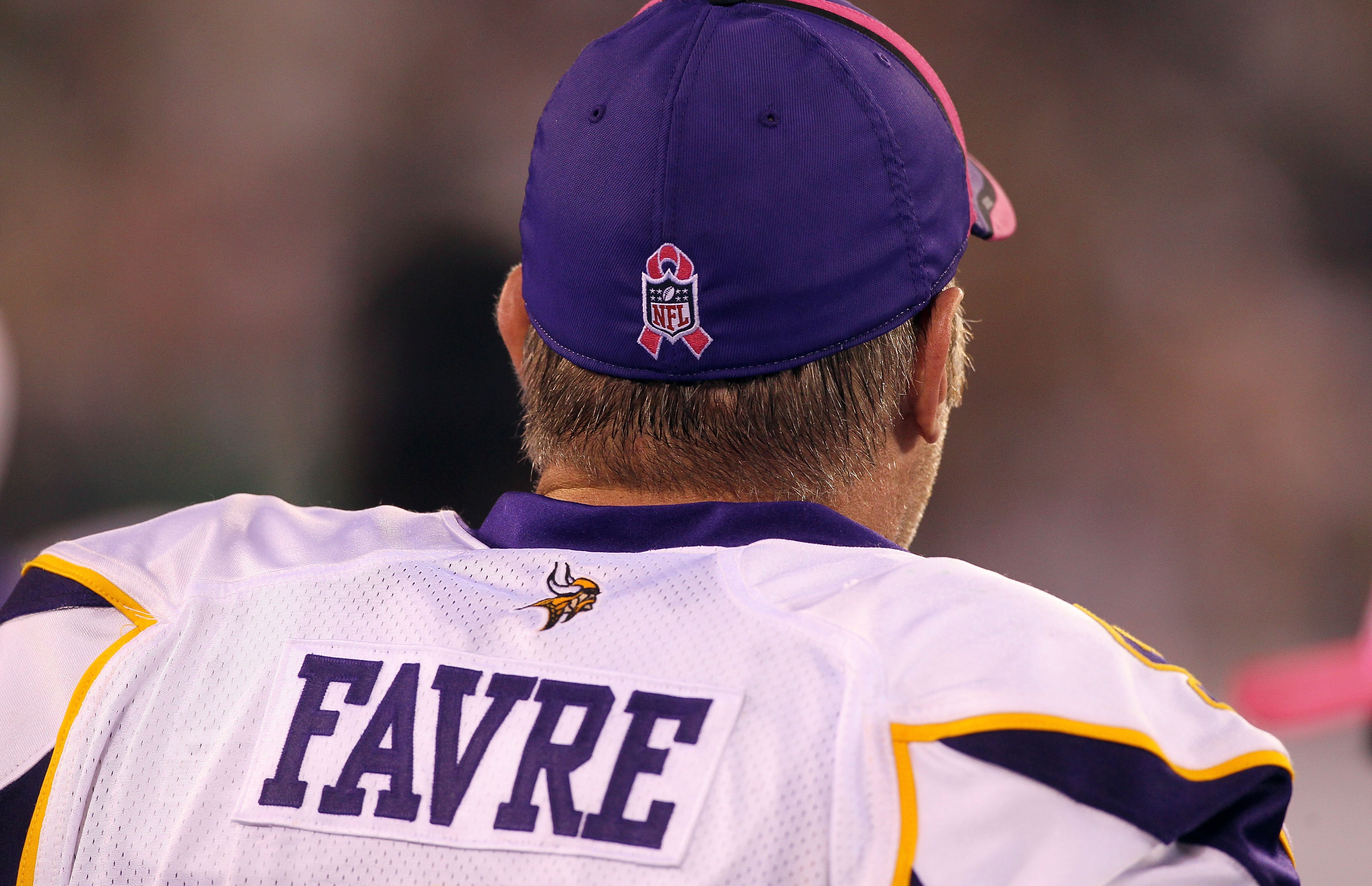 EAST RUTHERFORD, NJ - OCTOBER 11:  A detail of a Breast Cancer awareness ribbon is seen on the hat worn by Brett Favre #4 of the Minnesota Vikings against the New York Jets at New Meadowlands Stadium on October 11, 2010 in East Rutherford, New Jersey.  (P