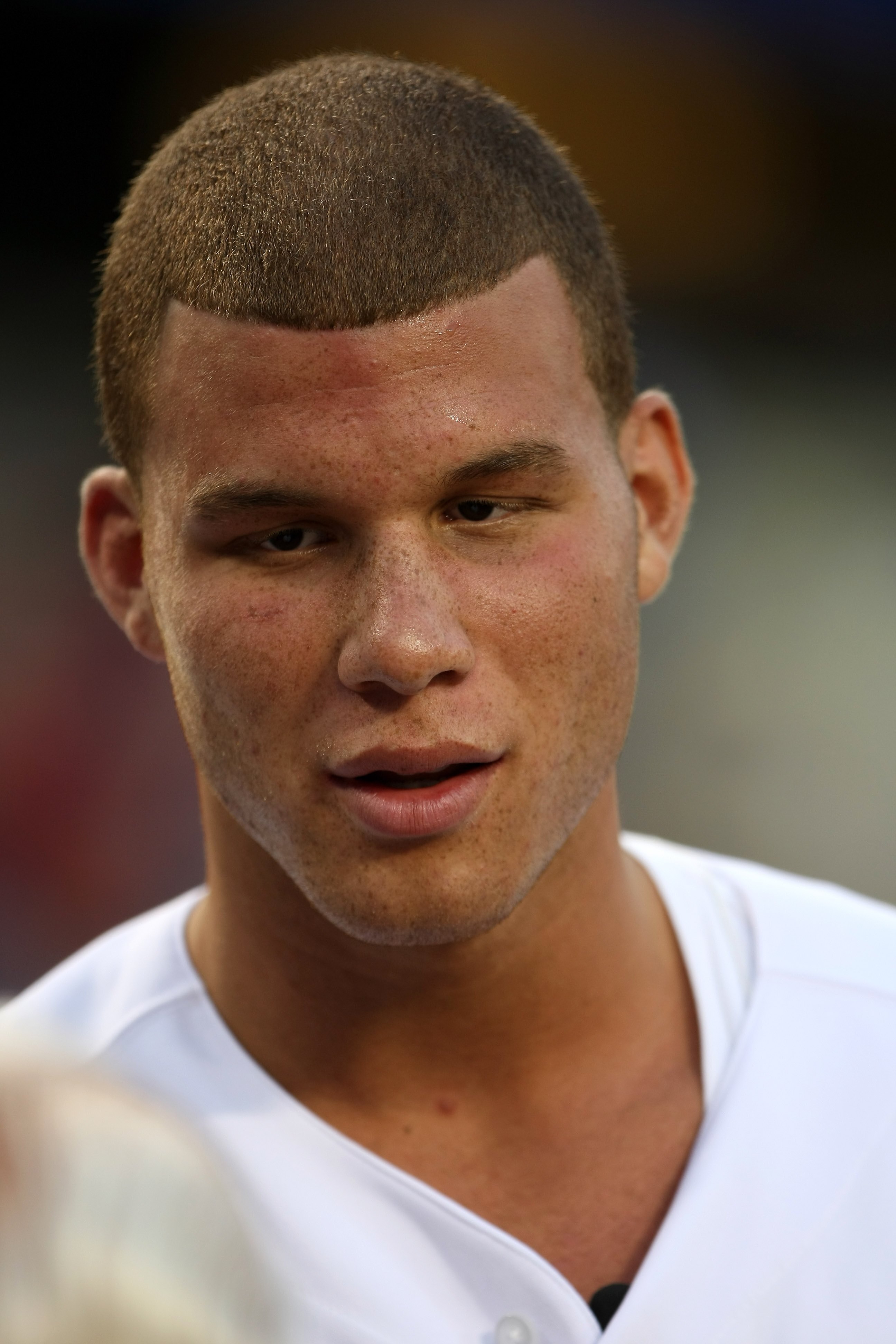 LOS ANGELES, CA - SEPTEMBER 02:  First overall pick in the NBA draft Blake Griffin of the Los Angeles Clippers on the field before throwing out a ceremonial first pitch before the game between the Los Angeles Dodgers the Arizona Diamondbacks on September