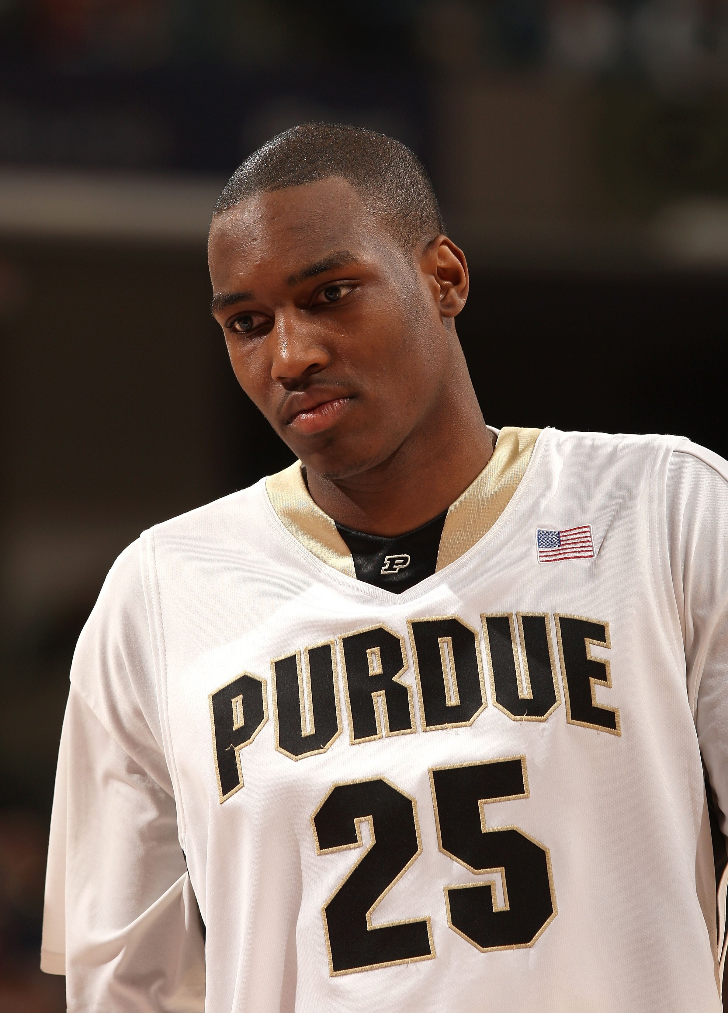 INDIANAPOLIS - MARCH 15:  JaJuan Johnson #25 of the Purdue Boilermakers looks on against the Ohio State Buckeyes during the final of the Big Ten Men's Basketball Tournament at Conseco Fieldhouse on March 15, 2009 in Indianapolis, Indiana.  (Photo by Jonat