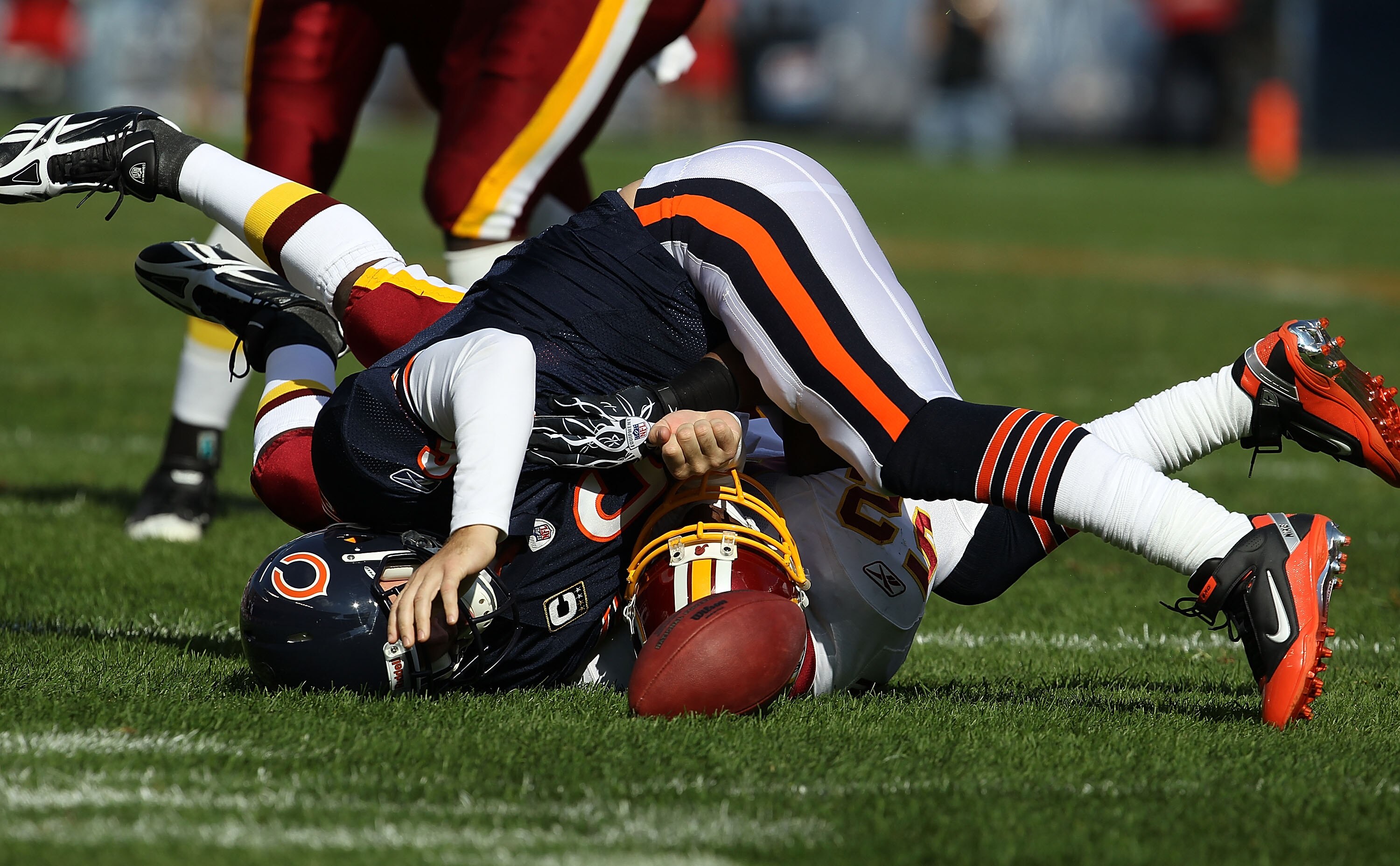 CHICAGO - OCTOBER 24: Jay Cutler #6 of the Chicago Bears is sacked by Rocky McIntosh #52 of the Washington Redskins at Soldier Field on October 24, 2010 in Chicago, Illinois. The Redskins defeated the Bears 17-14. (Photo by Jonathan Daniel/Getty Images)