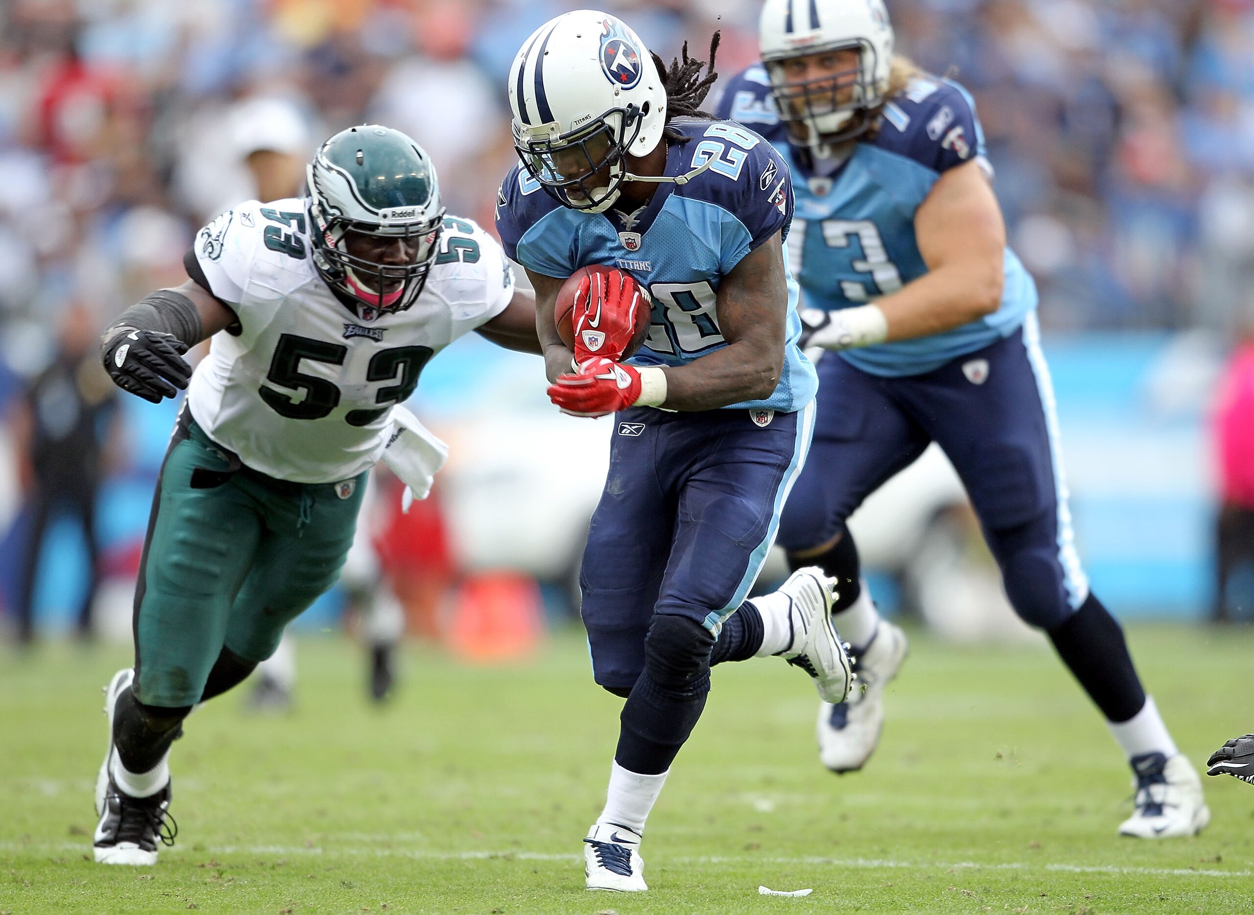 NASHVILLE, TN - OCTOBER 24: Chris Johnson #28 of the Tennessee Titans runs with the ball during the NFL game against the Philadelphia Eagles at LP Field on October 24, 2010 in Nashville, Tennessee. The Titans won 37-19. (Photo by Andy Lyons/Getty Images NASHVILLE, TN - OCTOBER 24: Chris Johnson #28 of the Tennessee Titans runs with the ball during the NFL game against the Philadelphia Eagles at LP Field on October 24, 2010 in Nashville, Tennessee. The Titans won 37-19. (Photo by Andy Lyons/Getty Images