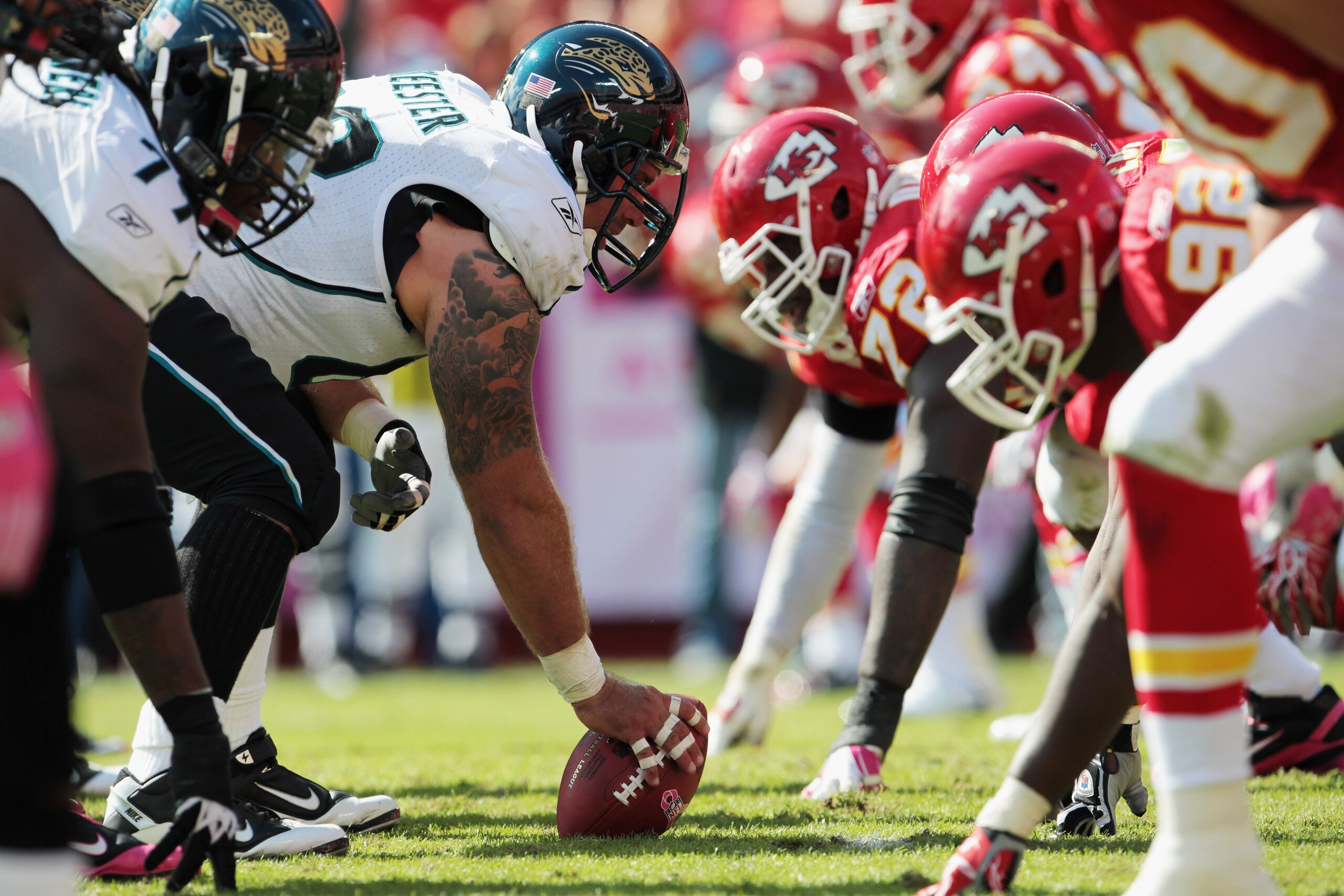 KANSAS CITY, MO - OCTOBER 24:  The Jacksonville Jaguars line up against the Kansas City Chiefs during the game on October 24, 2010 at Arrowhead Stadium in Kansas City, Missouri.  (Photo by Jamie Squire/Getty Images)