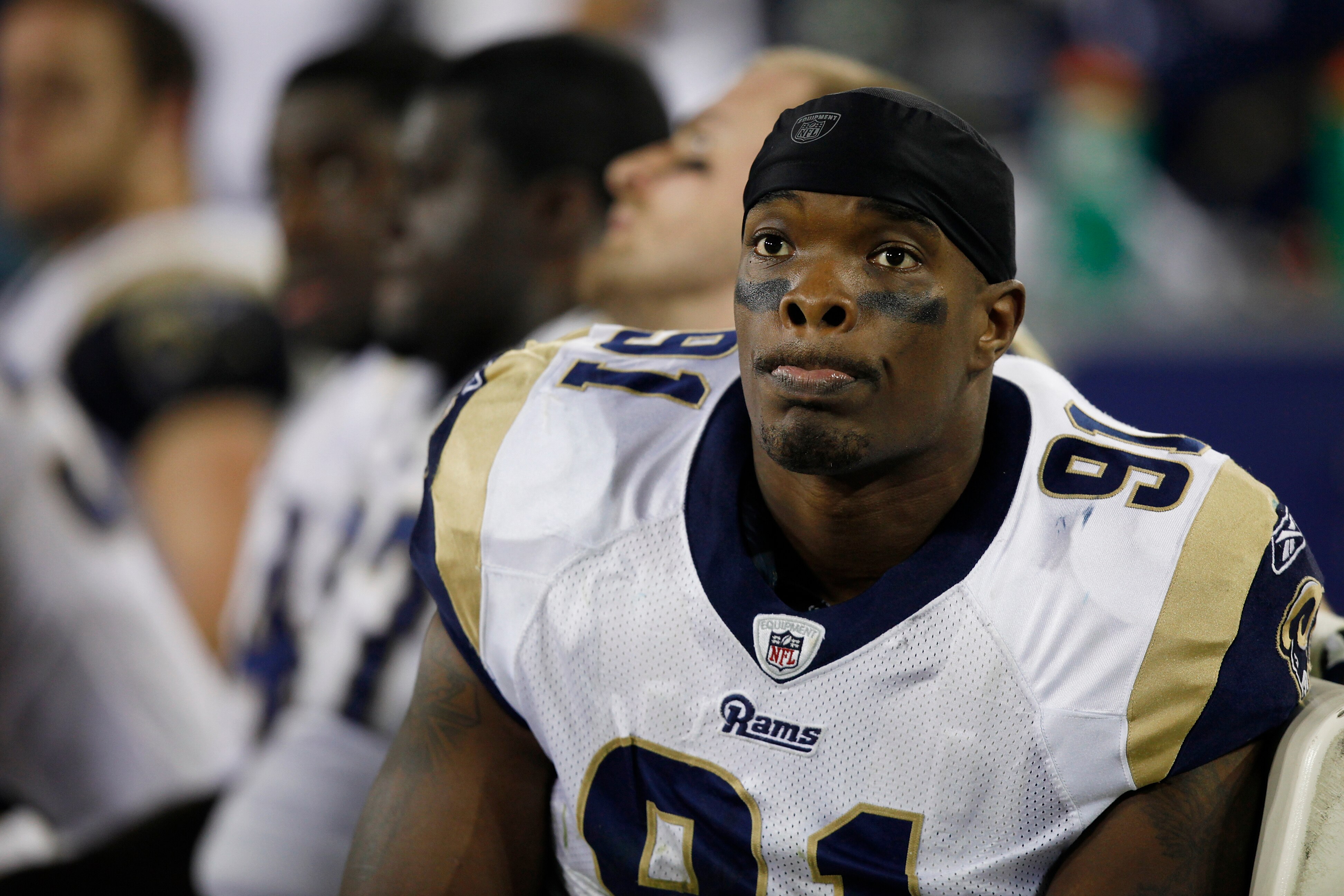 NASHVILLE, TN - DECEMBER 13: Leonard Litte #91 of the St. Louis Rams looks on from the bench late in the game against the Tennessee Titans at LP Field on December 13, 2009 in Nashville, Tennessee. The Titans defeated the Rams 47-7. (Photo by Joe Robbins/G