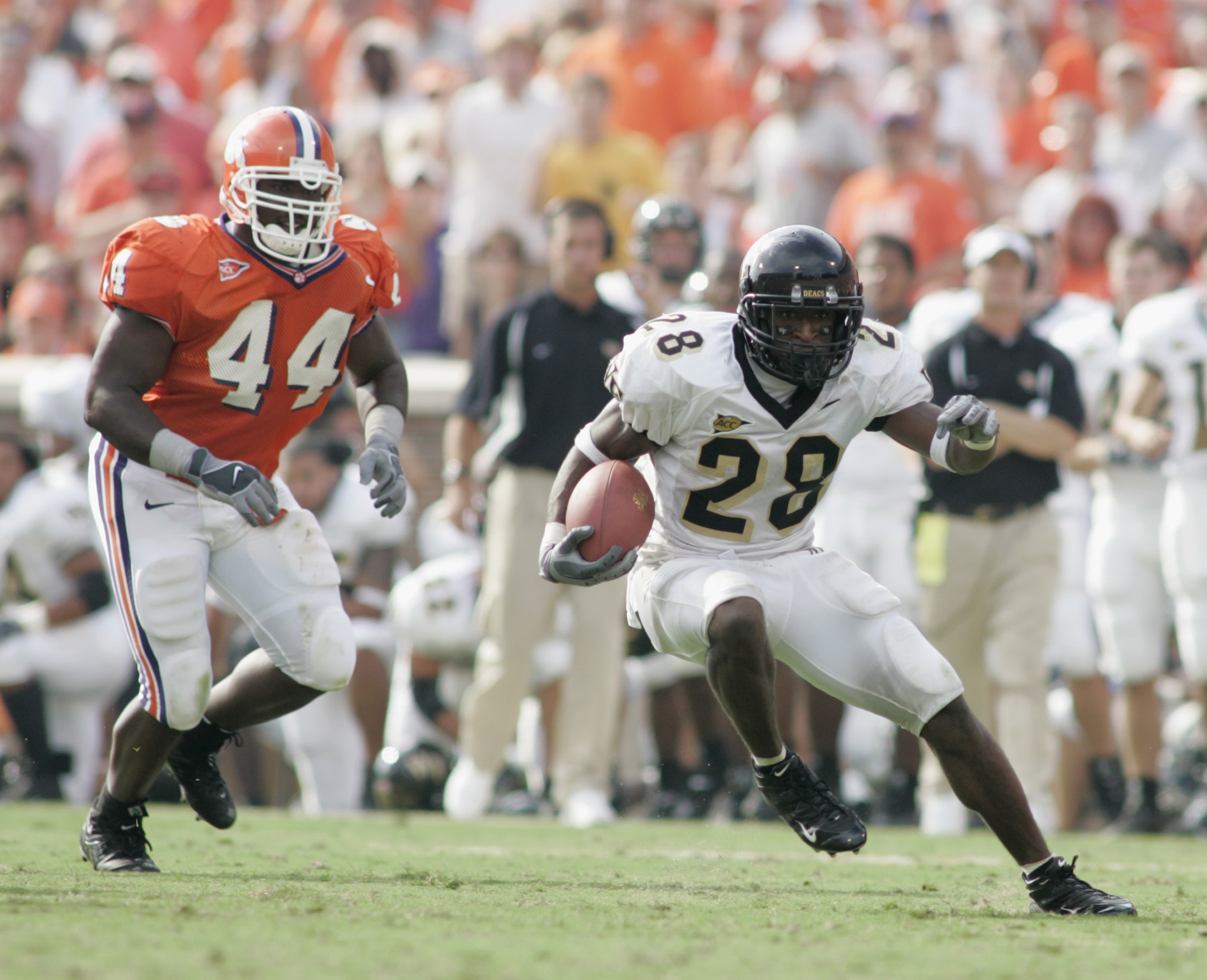 CLEMSON, SC - SEPTEMBER 4:  Running back Chris Barclay #28 of the Wake Forest Demon Deacons runs the ball during an Atlantic Coast Conference game against the Clemson University Tigers on September 4, 2004, at Clemson Memorial Stadium in Clemson, South Ca