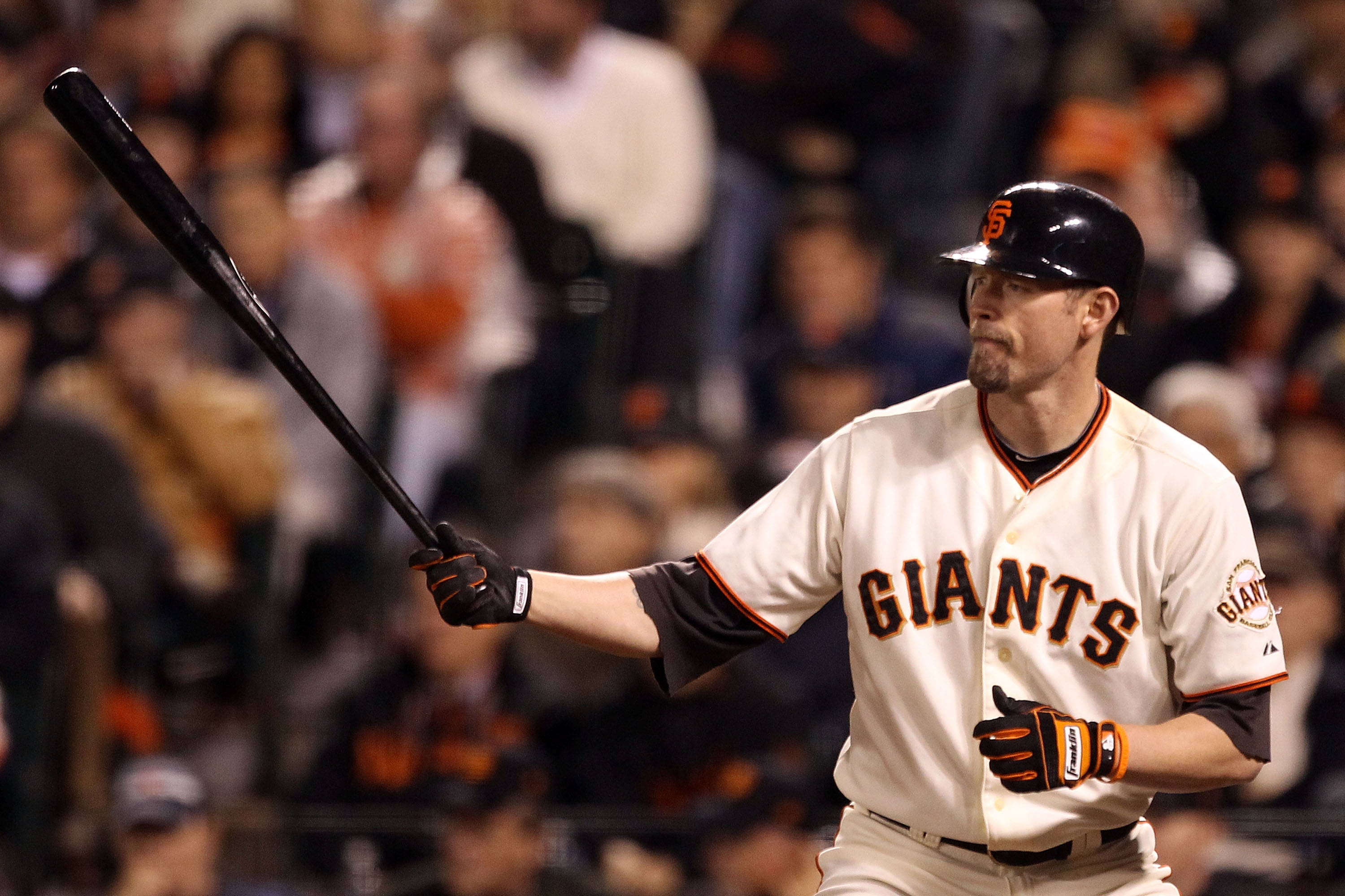 SAN FRANCISCO - OCTOBER 21:  Aubrey Huff #17 of the San Francisco Giants at bat while taking on the Philadelphia Phillies in Game Five of the NLCS during the 2010 MLB Playoffs at AT&T Park on October 21, 2010 in San Francisco, California.  (Photo by Ezra