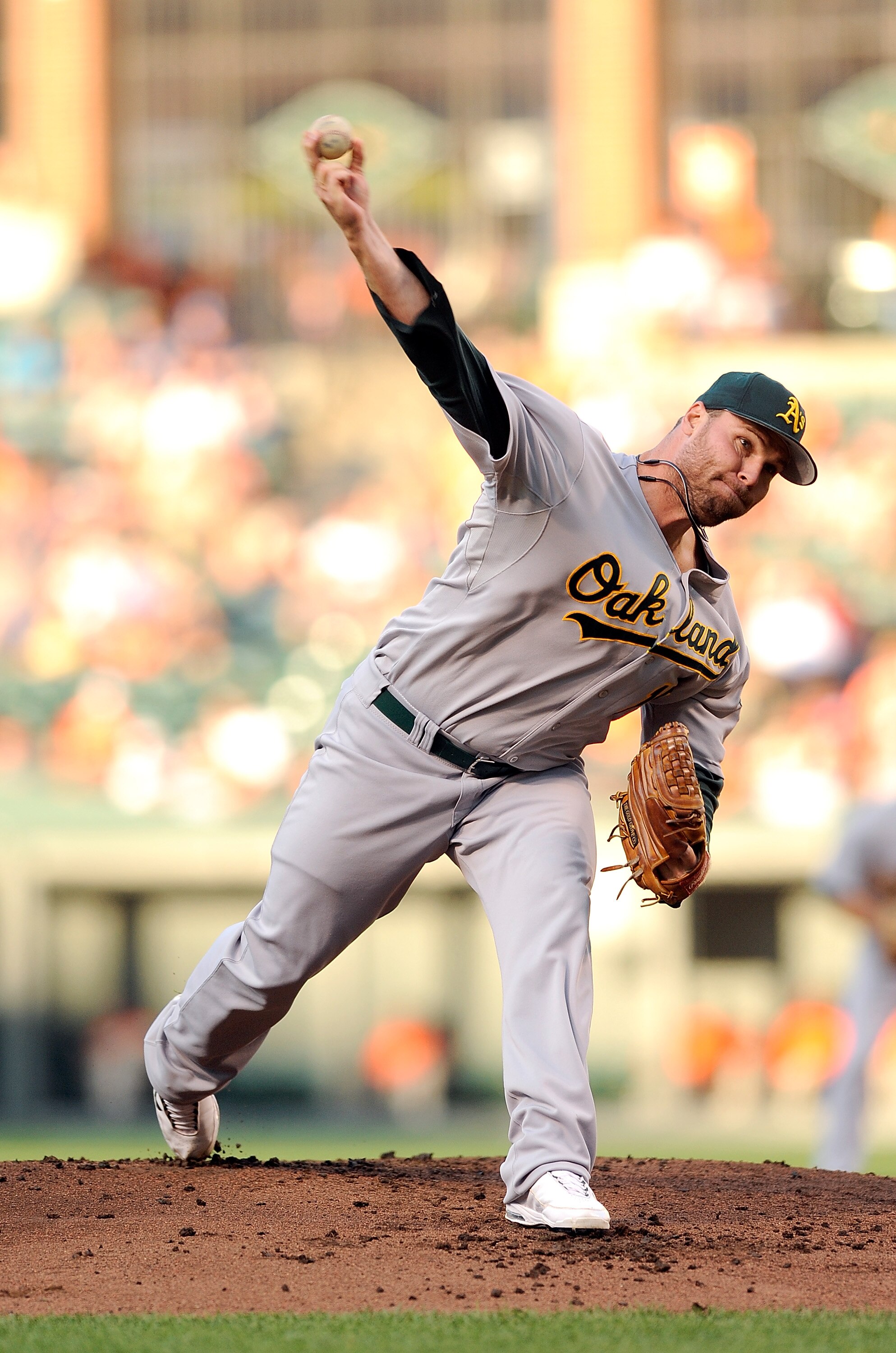 BALTIMORE - JUNE 30:  Ben Sheets #15 of the Oakland Athletics pitches against the Baltimore Orioles at Camden Yards on June 30, 2010 in Baltimore, Maryland.  (Photo by Greg Fiume/Getty Images)