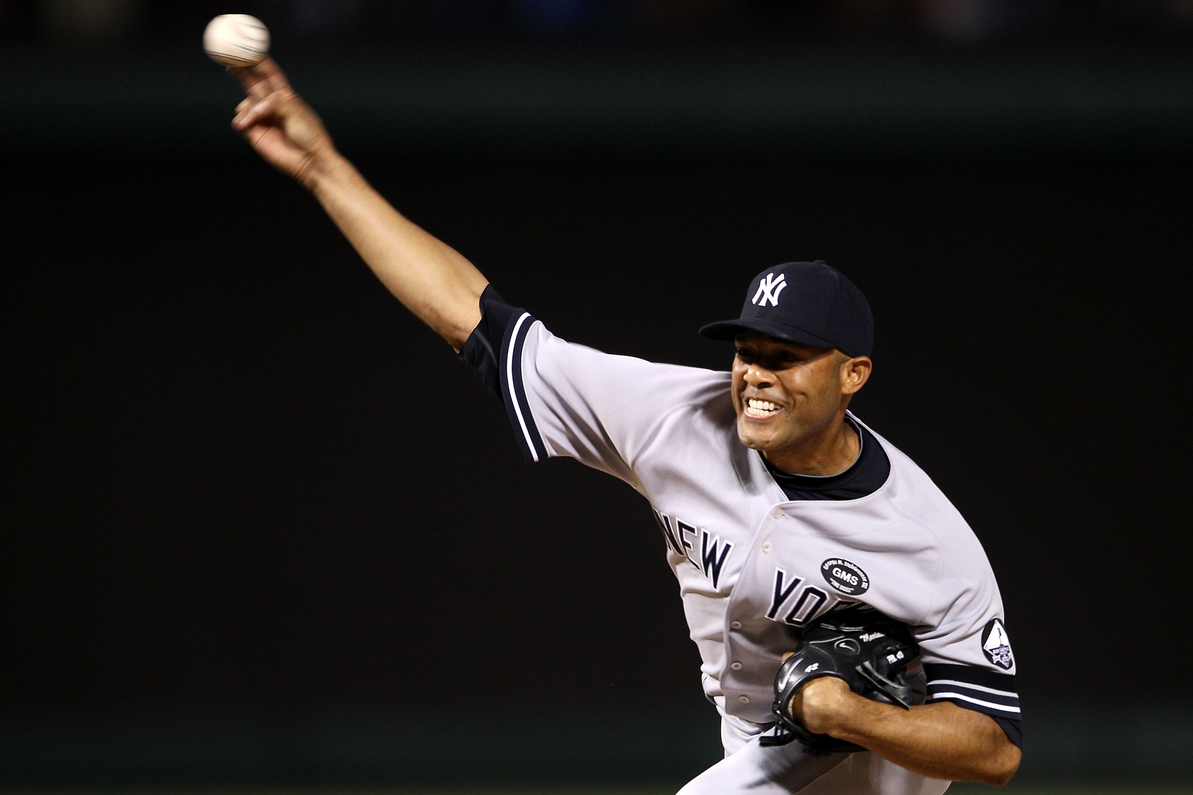 ARLINGTON, TX - OCTOBER 22:  Mariano Rivera #42 of the New York Yankees throws a pitch against the Texas Rangers in Game Six of the ALCS during the 2010 MLB Playoffs at Rangers Ballpark in Arlington on October 22, 2010 in Arlington, Texas.  (Photo by Elsa