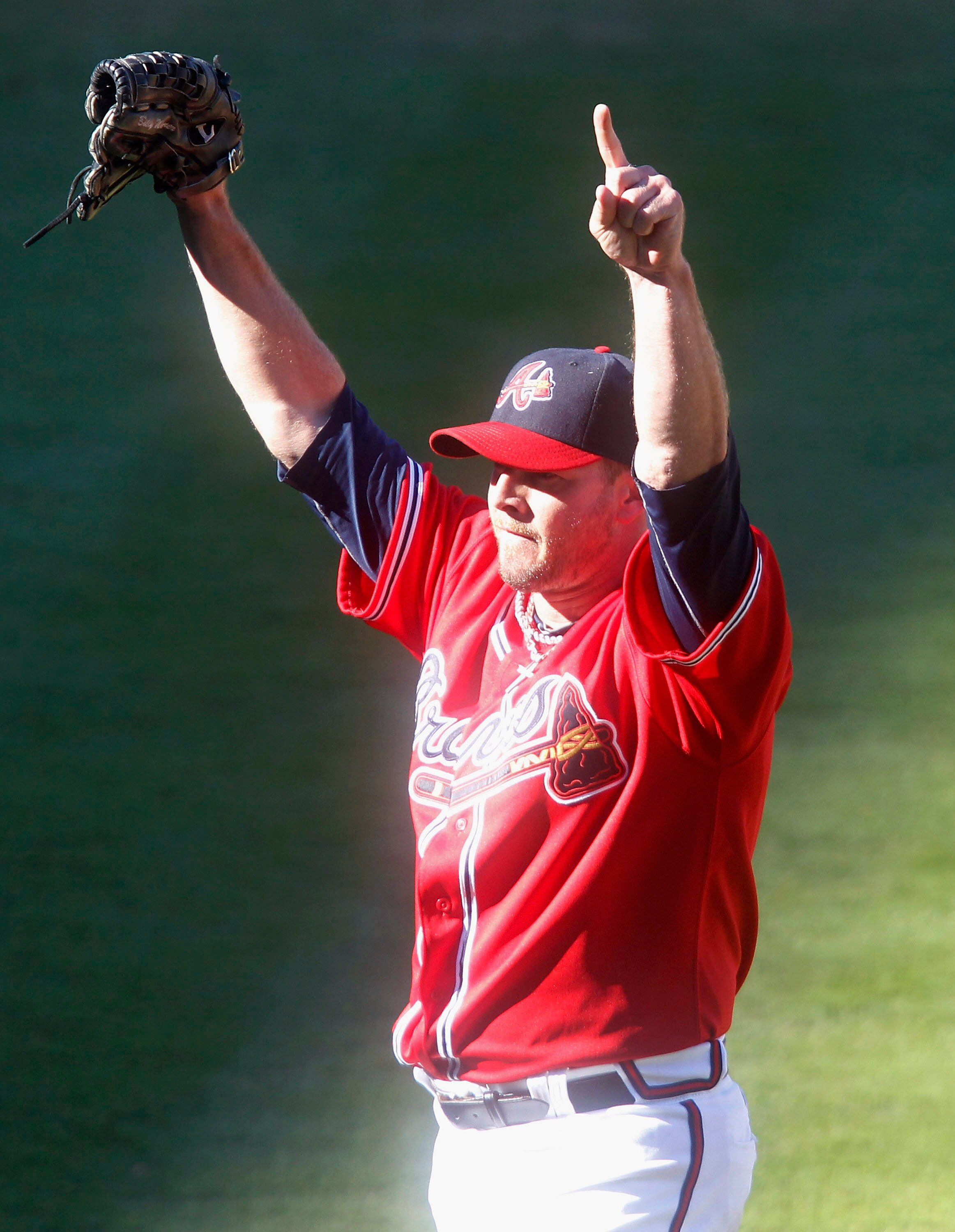 ATLANTA - OCTOBER 3:  Closer Billy Wagner #13 of the Atlanta Braves celebrates after the last out in the the game against the Philadelphia Phillies at Turner Field on October 3, 2010 in Atlanta, Georgia.  The Braves beat the Phillies 8-7.  (Photo by Mike