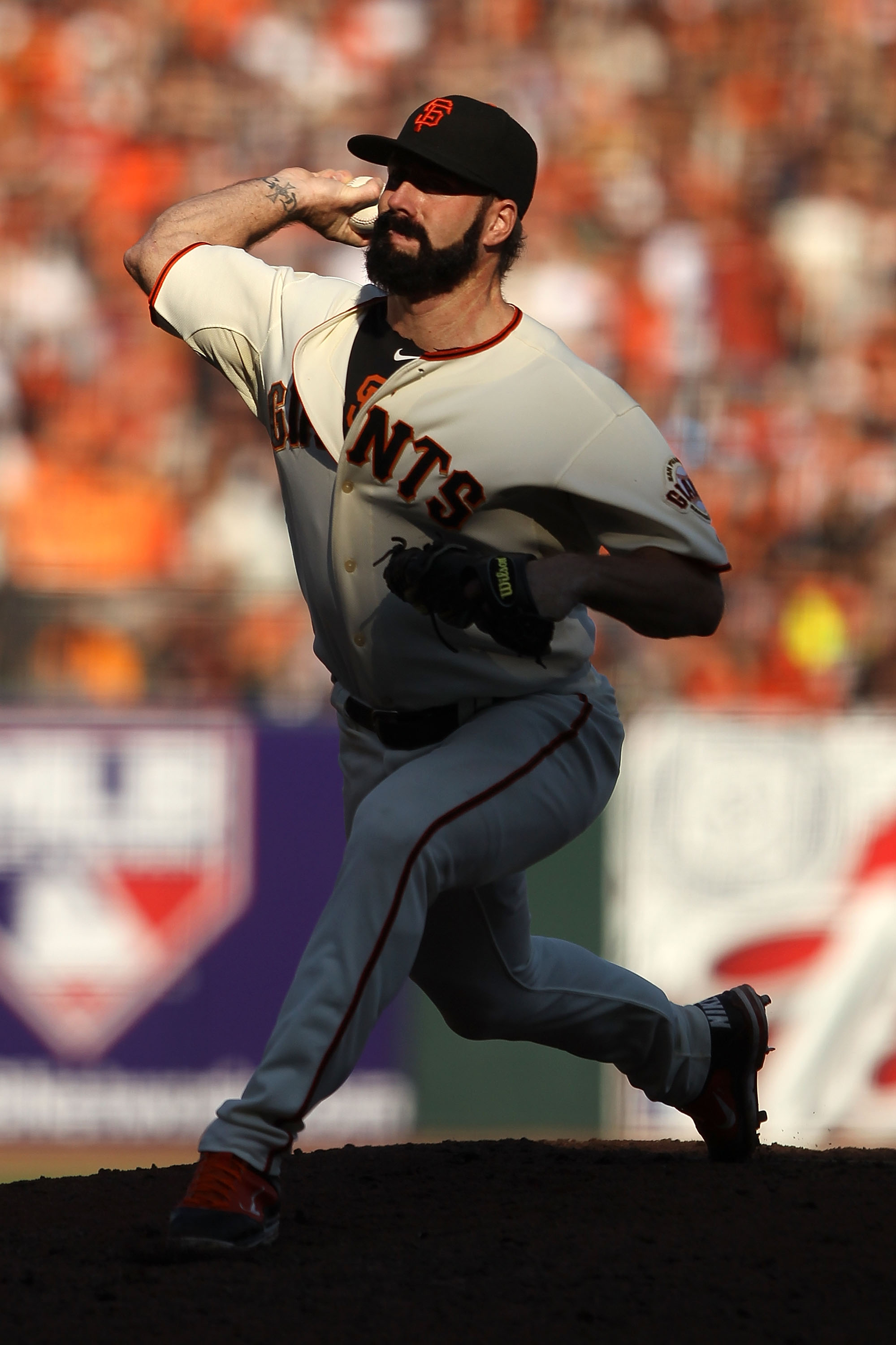 SAN FRANCISCO - OCTOBER 19:  Brian Wilson #38 of the San Francisco Giants throws a pitch against the Philadelphia Phillies in the ninth inning of Game Three of the NLCS during the 2010 MLB Playoffs at AT&T Park on October 19, 2010 in San Francisco, Califo