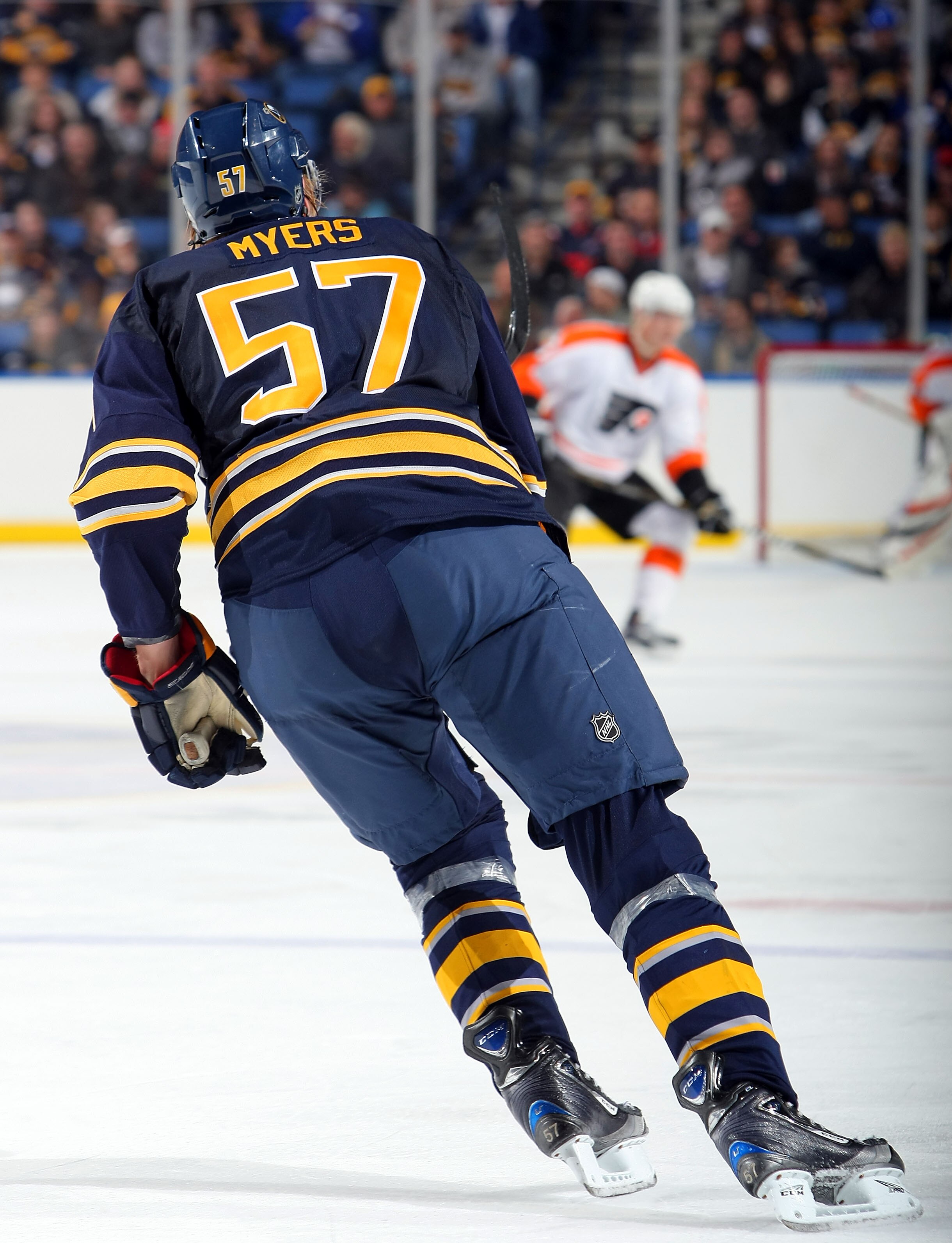 BUFFALO - OCTOBER 3:  Tyler Myers #57 of the Buffalo Sabres skates against the Philadelphia Flyers during their NHL game at HSBC Arena October 3, 2010 in Buffalo, New York. The Sabres won 9-3. (Photo By Dave Sandford/Getty Images)