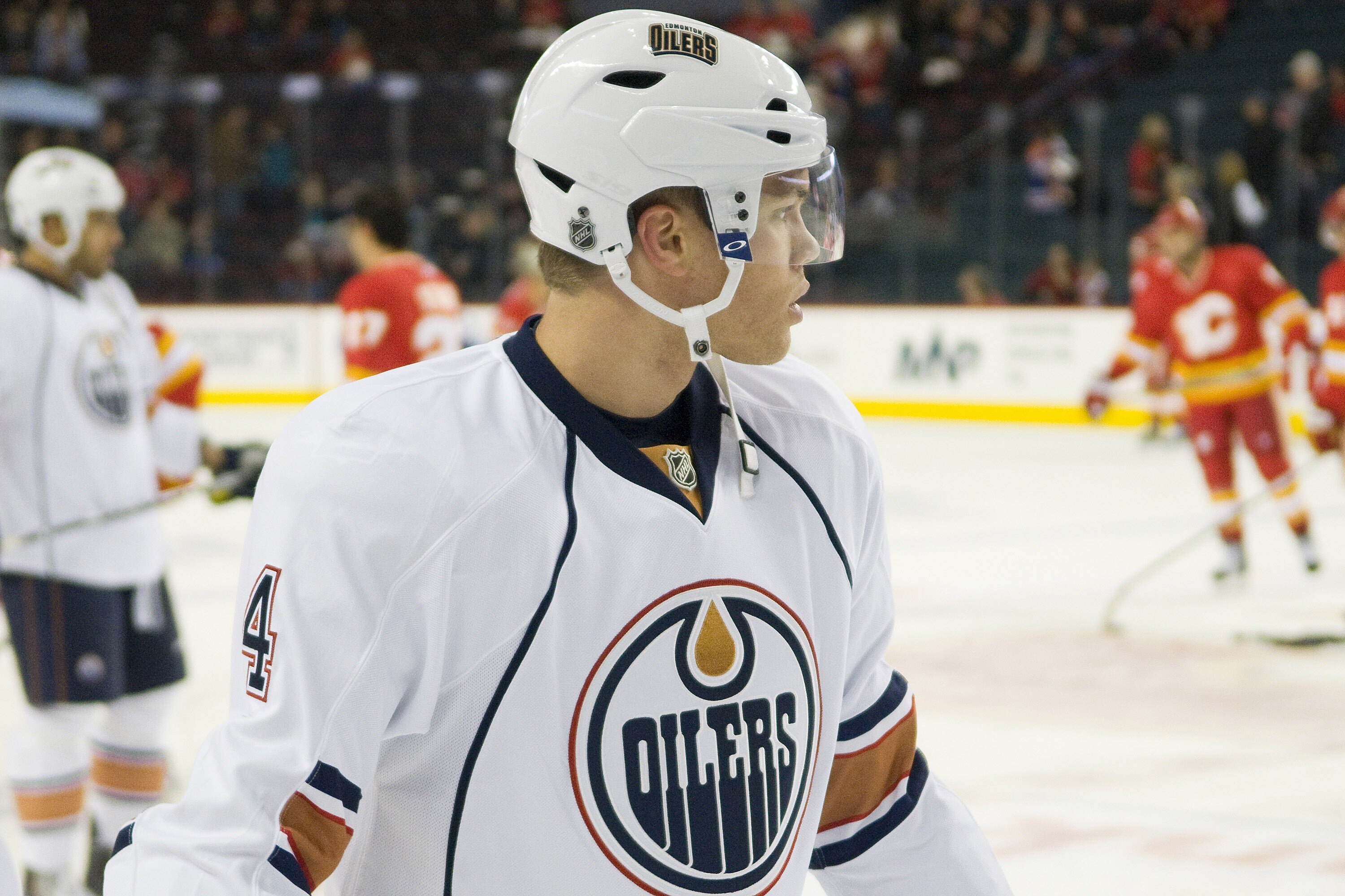 EDMONTON, CANADA - OCTOBER 16:  Edmonton Oilers left wing Taylor Hall #4 warms up before a game against the Calgary Flames at the Scotiabank Saddledome  on October 16, 2010 in Calgary, Alberta, Canada.  The Flames beat the Oilers 5-3.  (Photo by Dylan Lyn