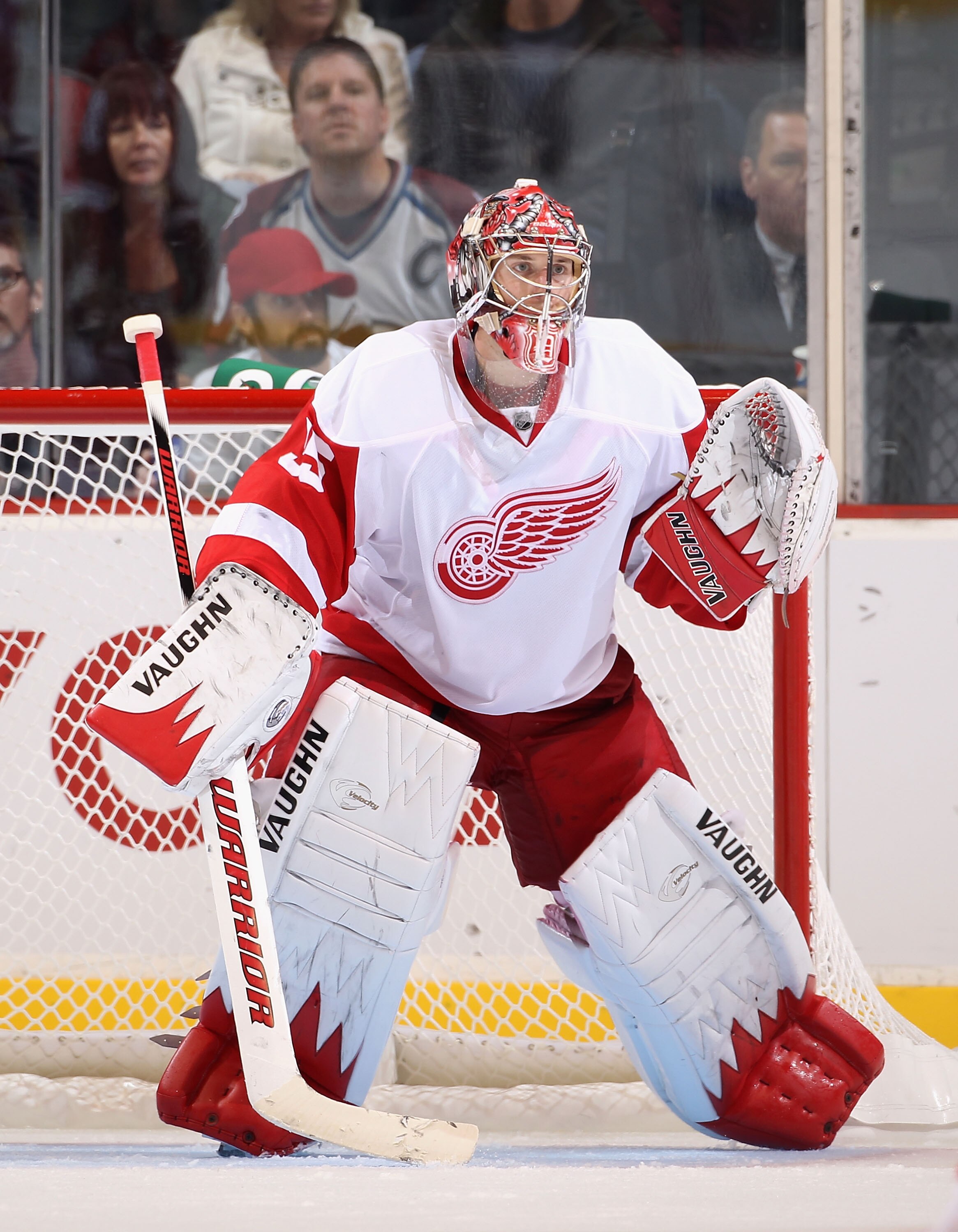 GLENDALE, AZ - OCTOBER 16:  Goaltender Jimmy Howard #35 of the Detroit Red Wings in action during the NHL game against the Phoenix Coyotes at Jobing.com Arena on October16, 2010 in Glendale, Arizona.  The Red Wings defeated the Coyotes 2-1 in overtime.  (