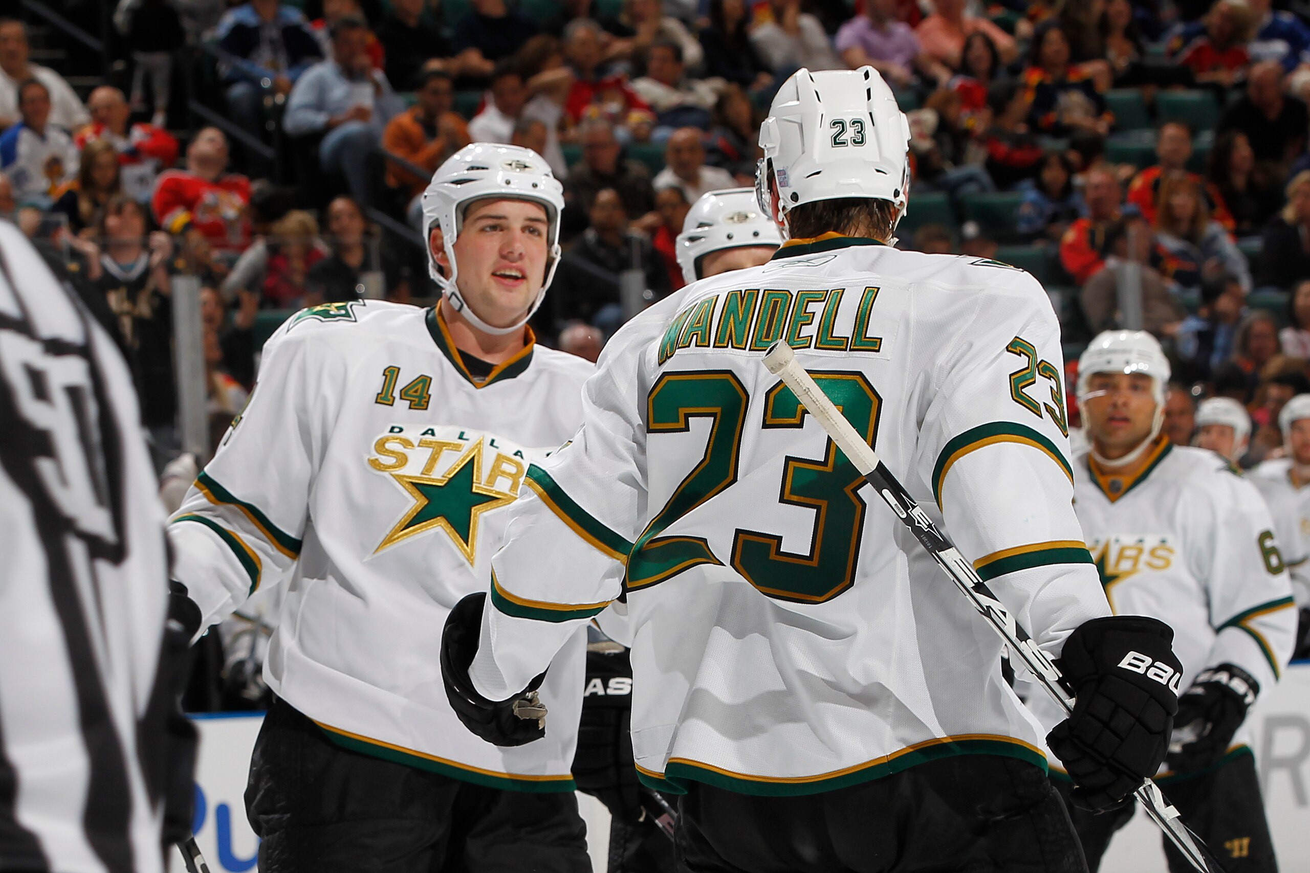 SUNRISE, FL - OCTOBER 21: Tom Wandell #23 is congratulated by Jamie Benn #14 of the Dallas Stars after scoring a goal against the Florida Panthers on October 21, 2010 at the BankAtlantic Center in Sunrise, Florida. The Stars defeated the Panthers 4-1. (Ph