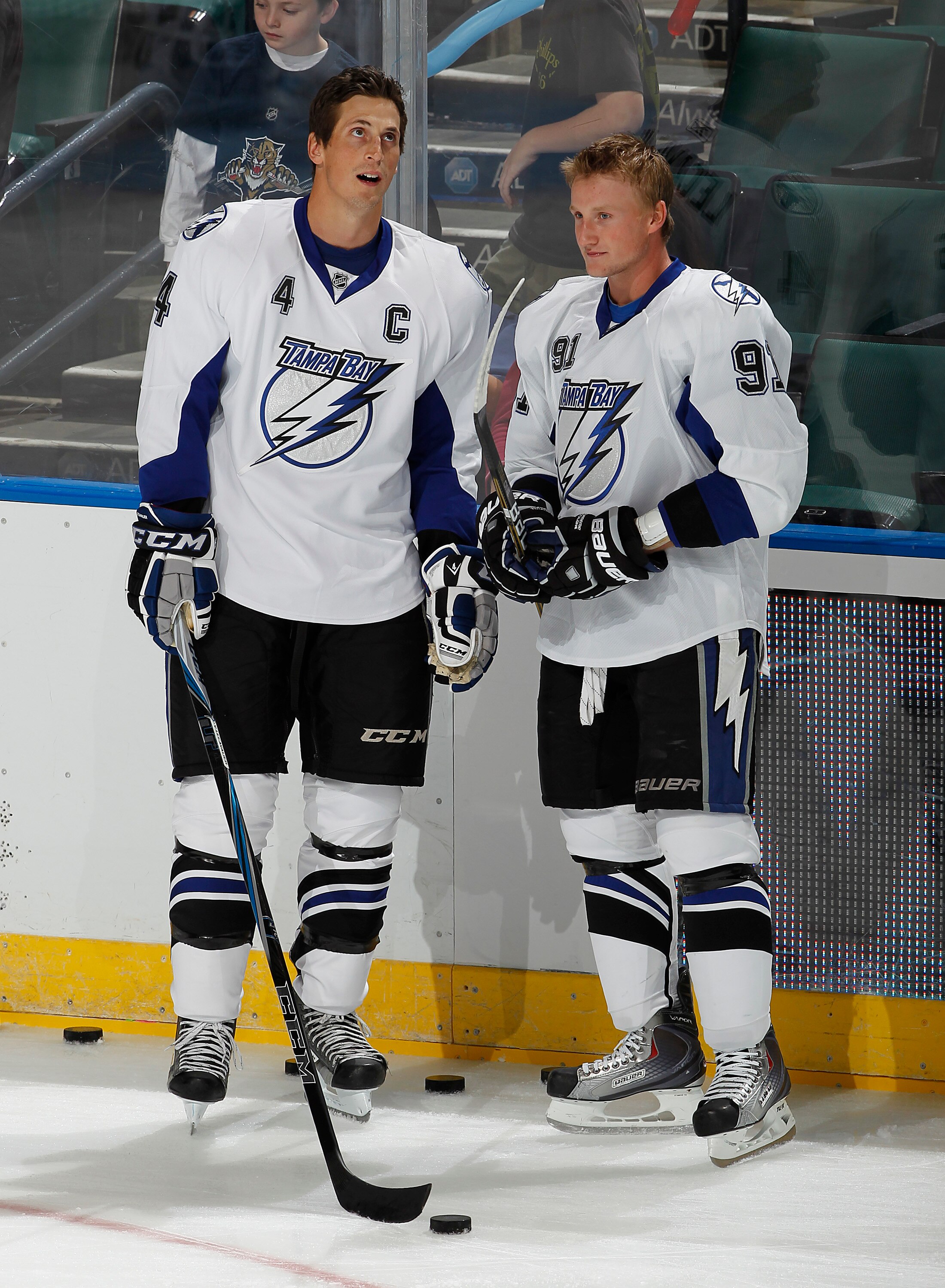 SUNRISE, FL - OCTOBER 1: Vincent Lecavalier #4 and Steven Stamkos #91 of the Tampa Bay Lightning talk during the warm up prior to the game against the Florida Panthers during a preseason game on October 1, 2010 at the BankAtlantic Center in Sunrise, Flori