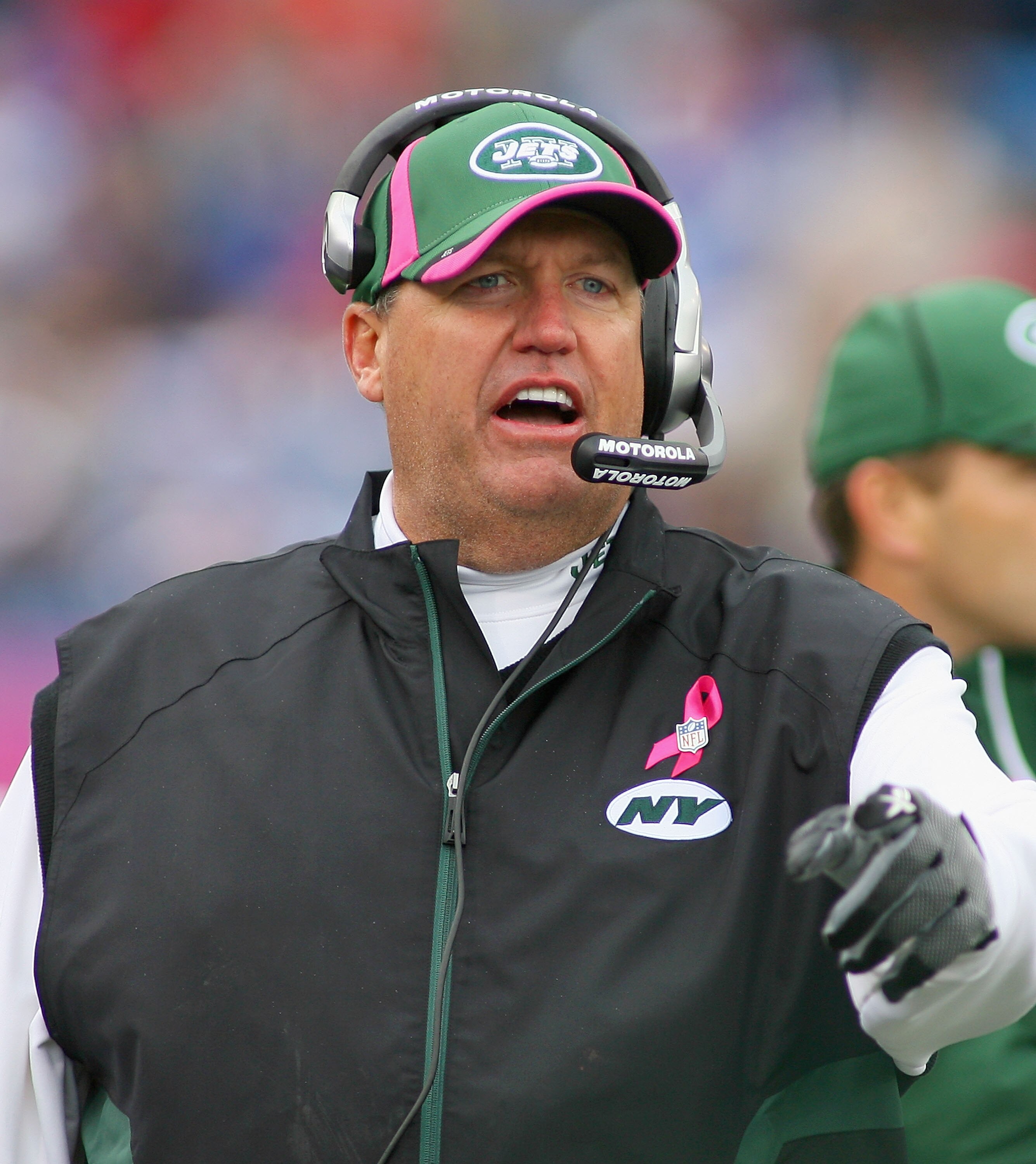 ORCHARD PARK, NY - OCTOBER 03:  Rex Ryan, head coach  of the New York Jets stands on the sidelines against the Buffalo Bills at Ralph Wilson Stadium on October 3, 2010 in Orchard Park, New York. The Jets won 38-14.  (Photo by Rick Stewart/Getty Images)