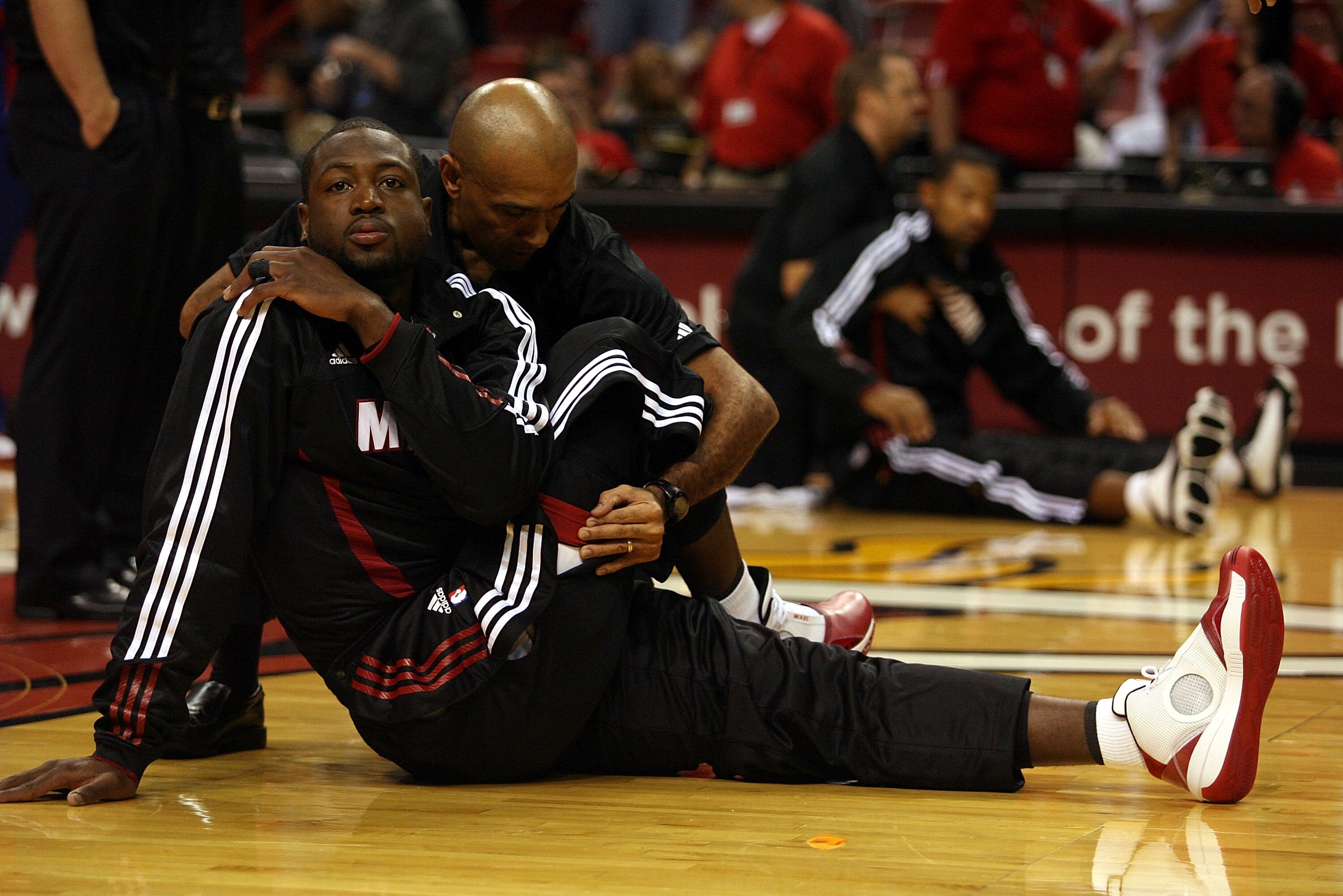MIAMI - OCTOBER 05:  Dwyane Wade #3 (R) on the court before taking on the Detroit Pistons on October 5, 2010 in Miami, Florida.  NOTE TO USER: User expressly acknowledges and agrees that, by downloading and or using this photograph, User is consenting to 