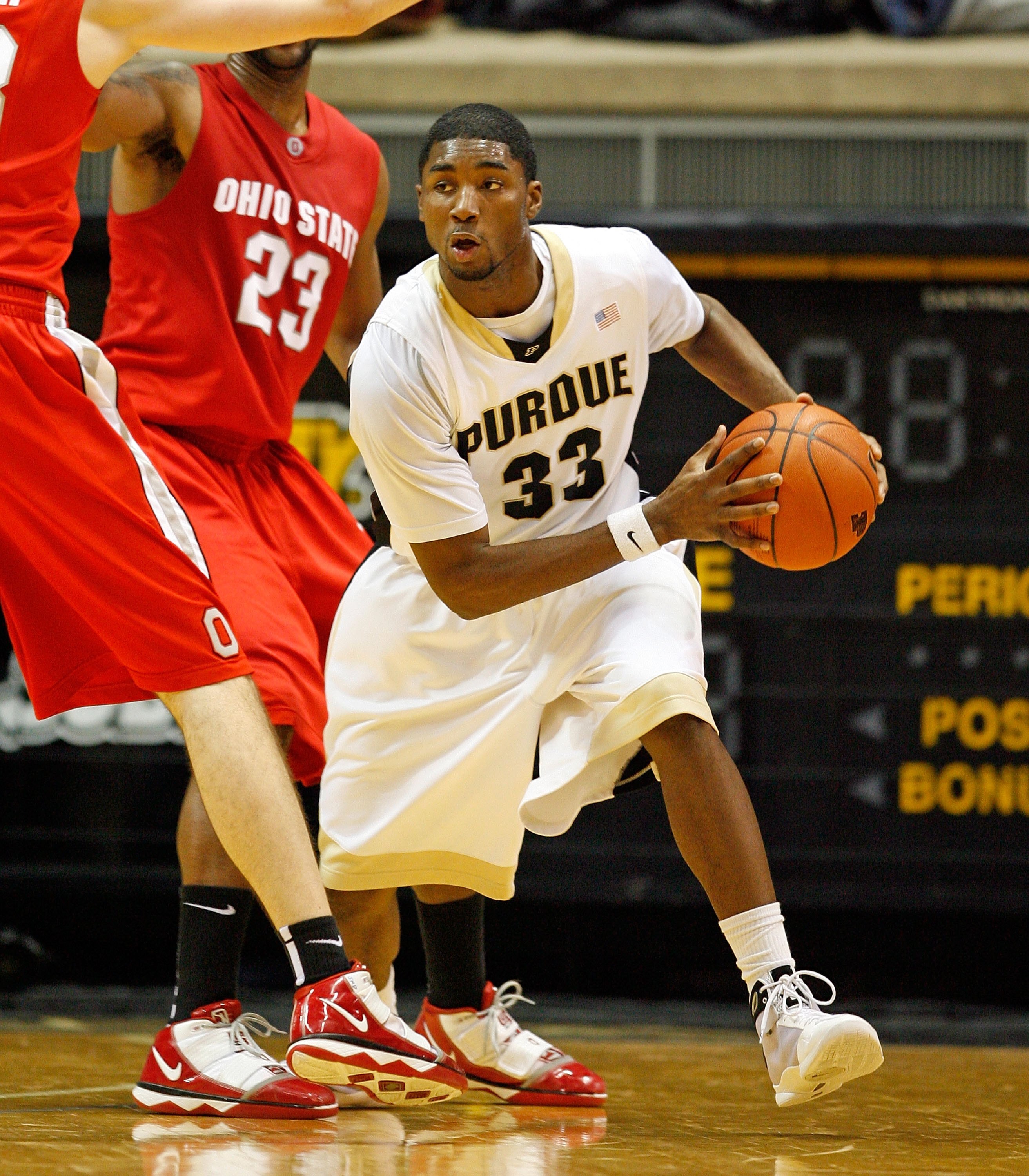 WEST LAFAYETTE, IN - JANUARY 12:  E'Twaun Moore #33 of the Purdue Boilermakers drives during the Big Ten game against the Ohio State Buckeyes at Mackey Arena on January 12, 2010 in West Lafayette, Indiana. Ohio State won 70-66.  (Photo by Andy Lyons/Getty