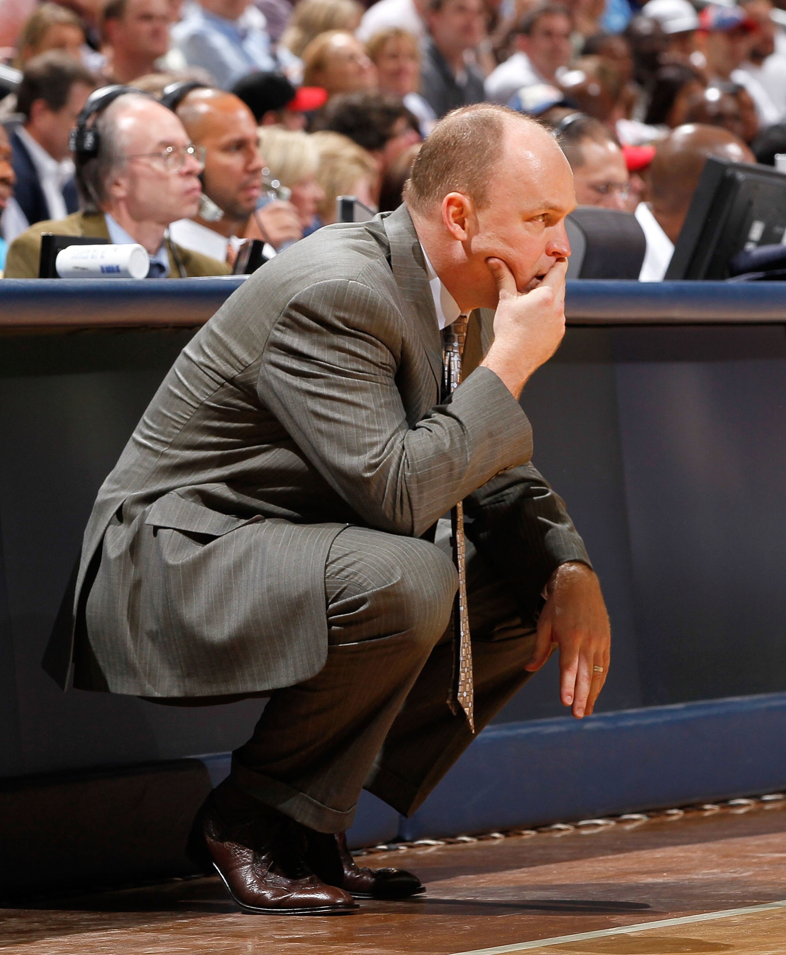 ATLANTA - APRIL 28:  Head coach Scott Skiles of the Milwaukee Bucks against the Atlanta Hawks during Game Five of the Eastern Conference Quarterfinals of the 2010 NBA Playoffs at Philips Arena on April 28, 2010 in Atlanta, Georgia.  NOTE TO USER: User exp