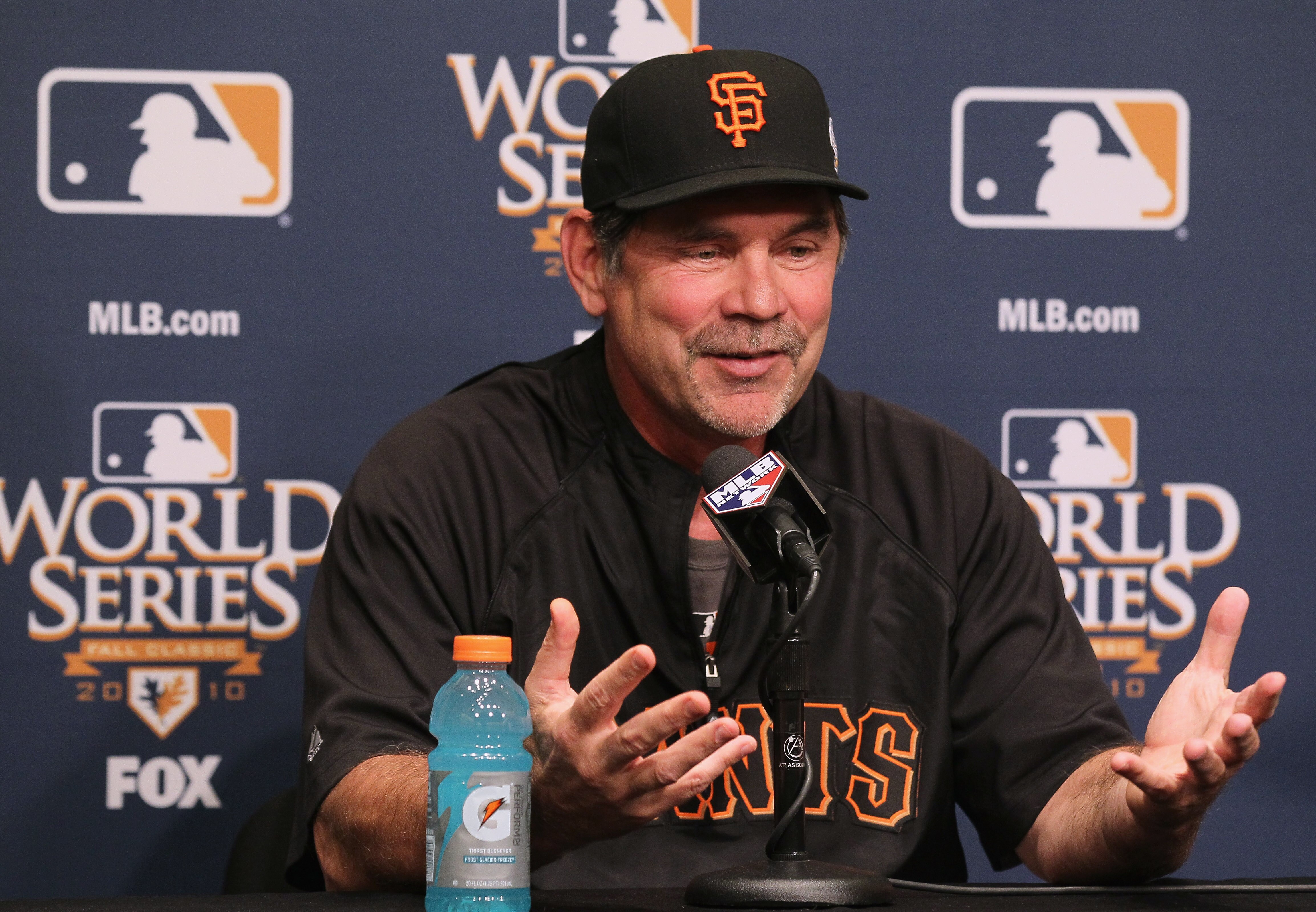 SAN FRANCISCO - OCTOBER 26:  San Francisco Giants manager Bruce Bochy speaks to reporters at AT&T Park on October 26, 2010 in San Francisco, California.  The San Francisco Giants will face the Texas Rangers in the first game of the World Series on Wednesd