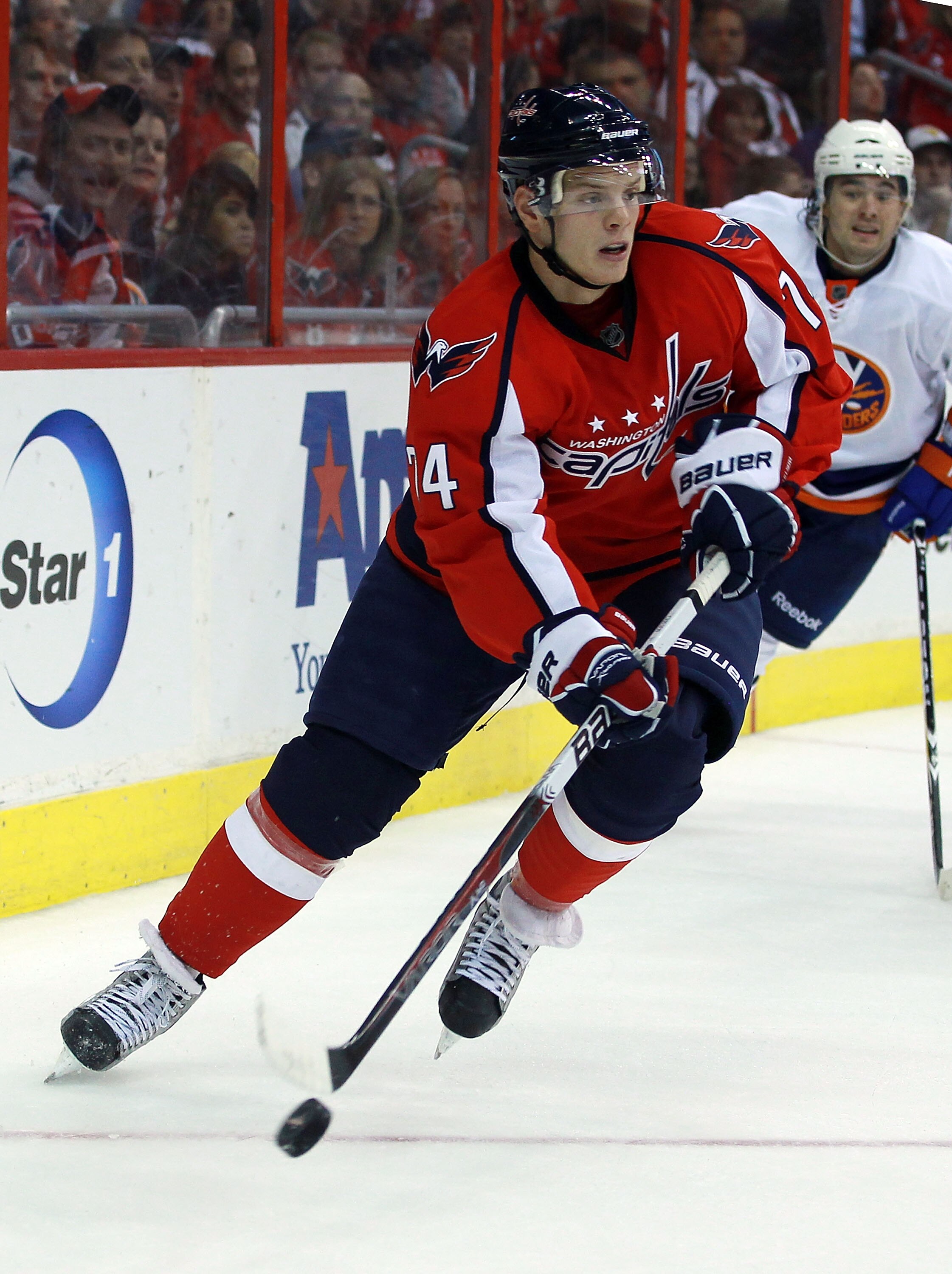 WASHINGTON - OCTOBER 13: John Carlson #74 of the Washington Capitals skates against the New York Islanders at the Verizon Center on October 13, 2010 in Washington, DC.  (Photo by Bruce Bennett/Getty Images)