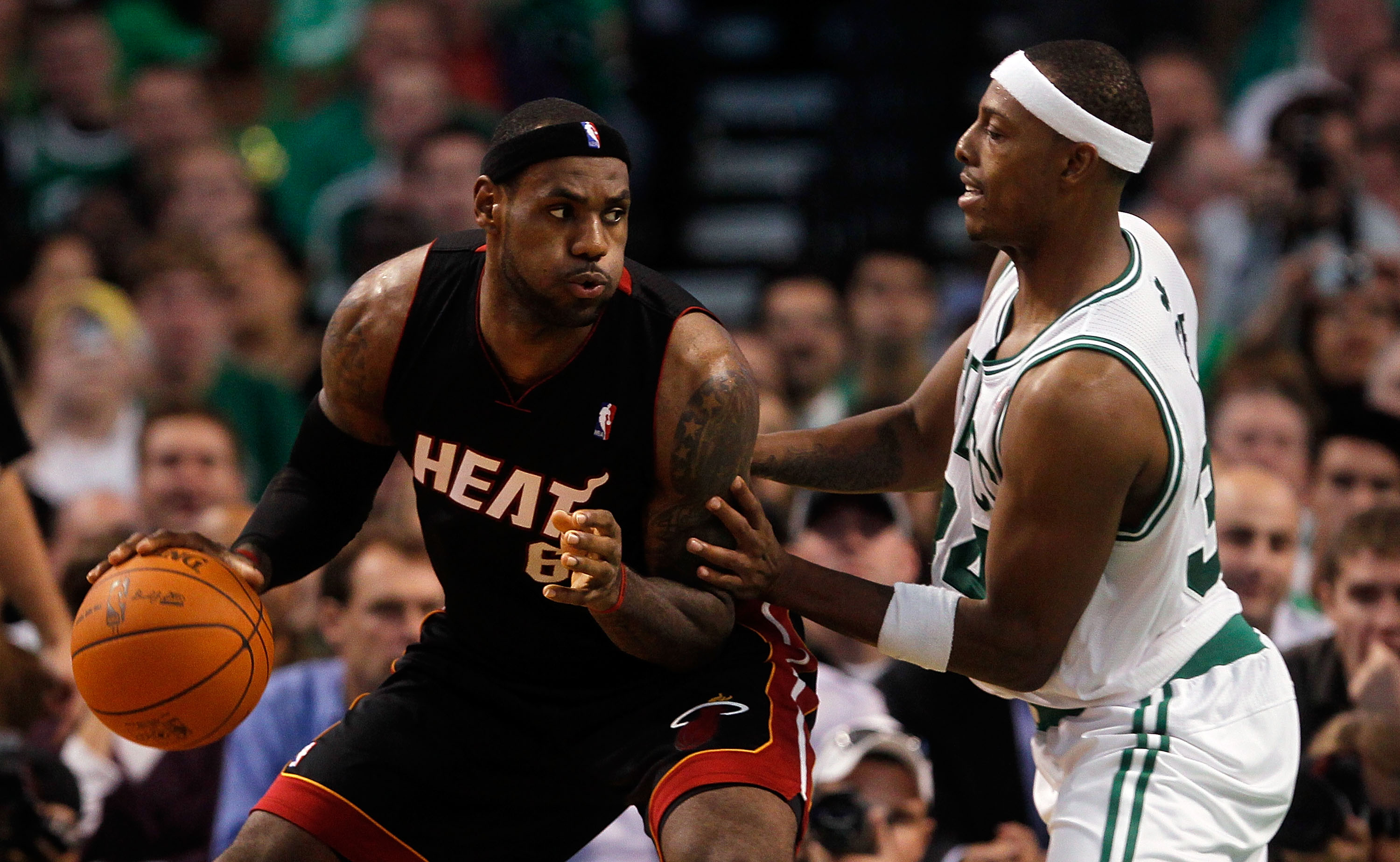 BOSTON, MA - OCTOBER 26:  Paul Pierce #34 of the Boston Celtics defends against LeBron James #6 of the Miami Heat at the TD Banknorth Garden on October 26, 2010 in Boston, Massachusetts. NOTE TO USER: User expressly acknowledges and agrees that, by downlo