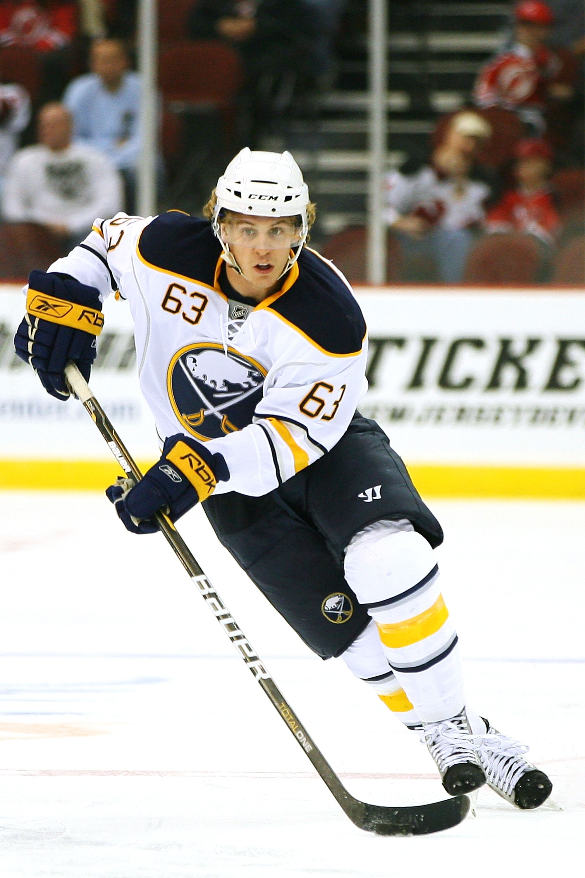NEWARK, NJ - OCTOBER 23:  Tyler Ennis #63 of the Buffalo Sabres skates with the puck during a game against the New Jersey Devils on October 23, 2010 at the Prudential Center in Newark, New Jersey. The Sabres defeated the Devils 6 - 1.  (Photo by Andrew Bu