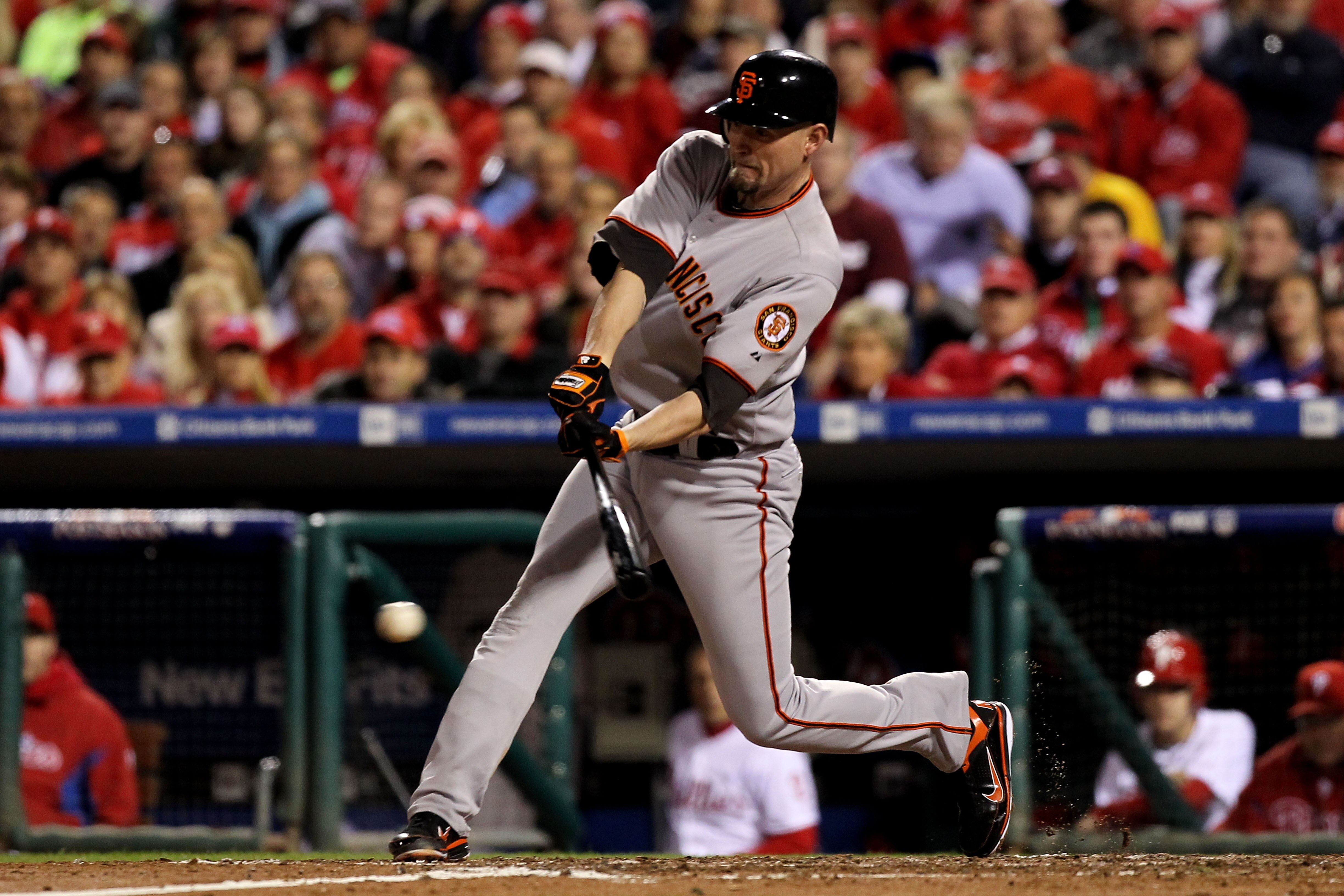 PHILADELPHIA - OCTOBER 23:  Aubrey Huff #17 of the San Francisco Giants singles against the Philadelphia Phillies in Game Six of the NLCS during the 2010 MLB Playoffs at Citizens Bank Park on October 23, 2010 in Philadelphia, Pennsylvania.  (Photo by Al B