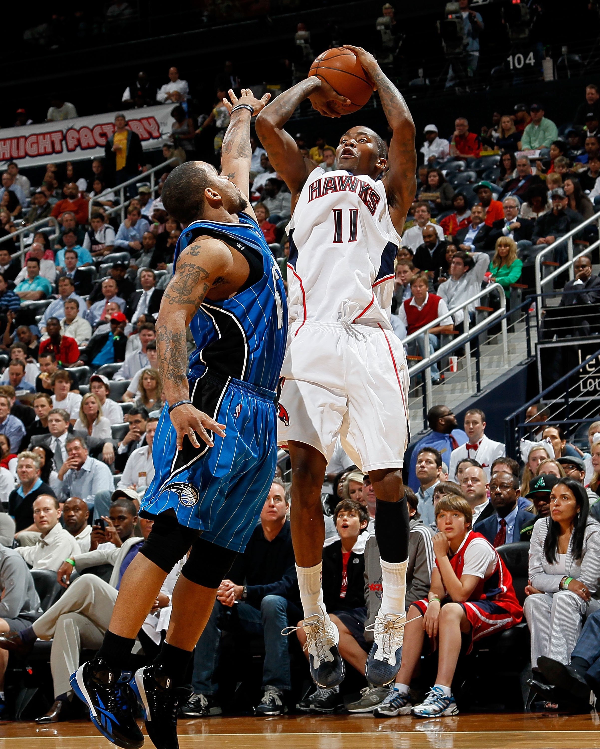 ATLANTA - MAY 10:  Jamal Crawford #11 of the Atlanta Hawks against Jameer Nelson #14 of the Orlando Magic during Game Four of the Eastern Conference Semifinals of the 2010 NBA Playoffs at Philips Arena on May 10, 2010 in Atlanta, Georgia.  NOTE TO USER: U