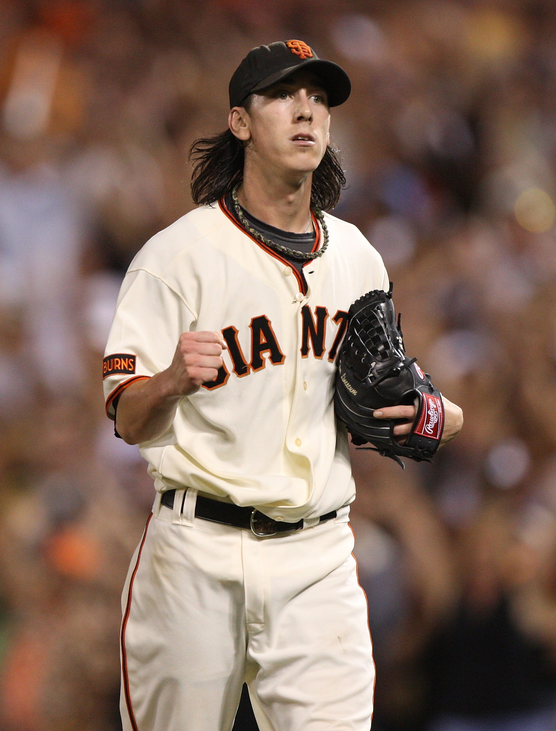 SAN FRANCISCO - AUGUST 28:  Tim Lincecum #55 of the San Francisco Giants celebrates in the 8th inning against the Colorado Rockies during a Major League Baseball game at AT&T Park on August 28, 2009 in San Francisco, California.  (Photo by Jed Jacobsohn/G
