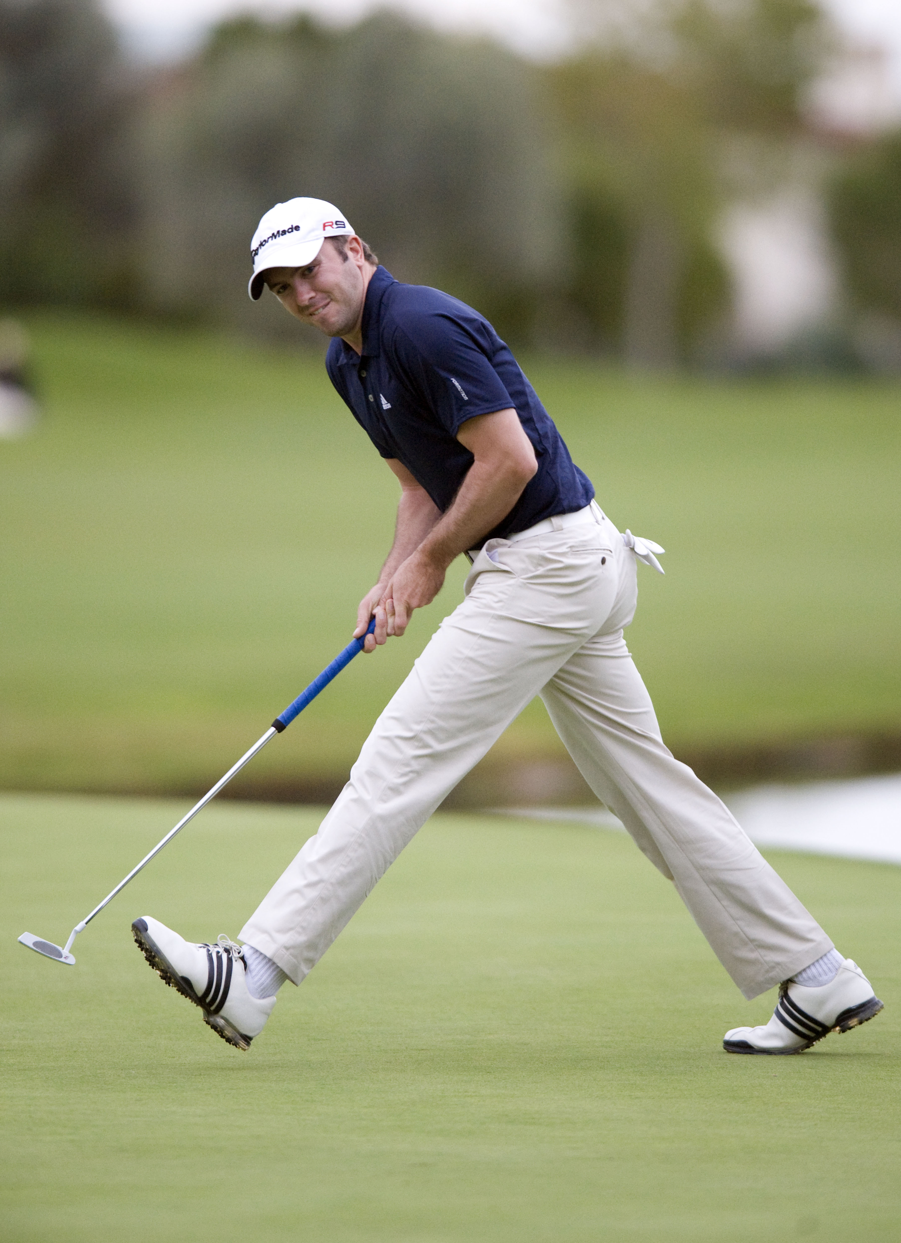 LAS VEGAS, NV - OCTOBER 24: Martin Laird reacts to missing a birdie putt on the 18th hole on the first hole of a playoff during the final round of the Justin Timberlake Shriners Hospitals for Children Open at TPC Sunderlin on October 24, 2010 in Las Vegas