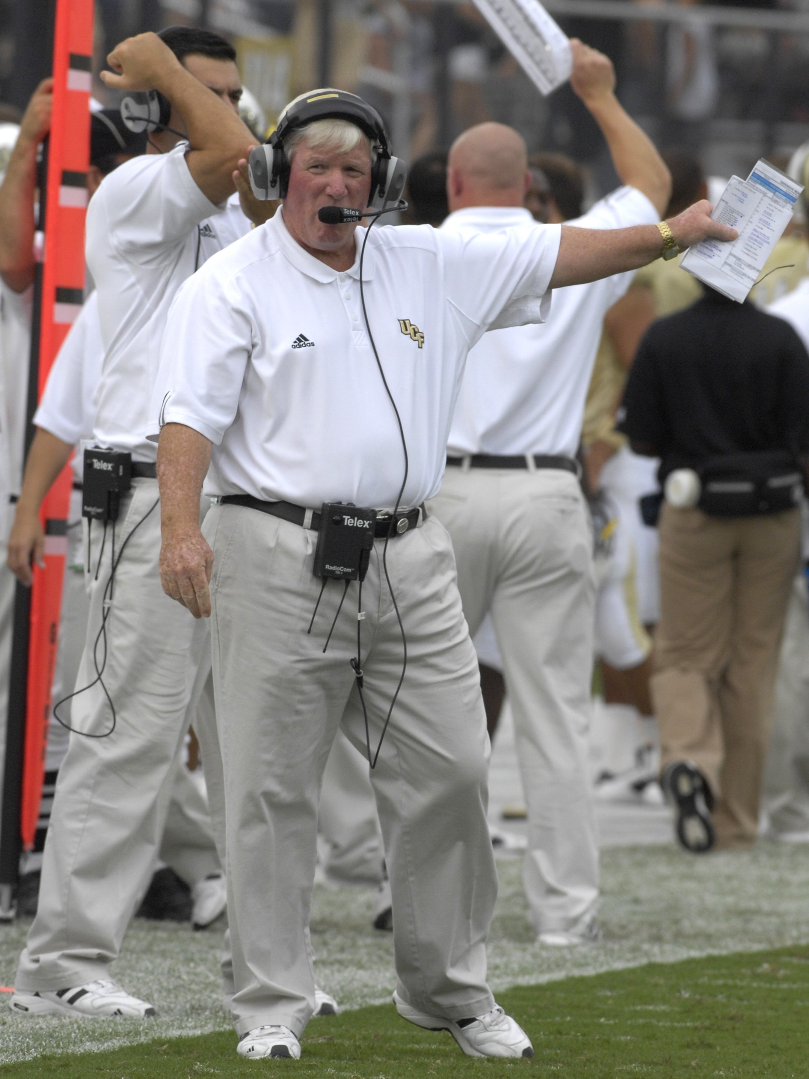 ORLANDO, FL - OCTOBER 20: Coach George O'Leary of the University of Central Florida Golden Knights directs play against the Tulsa Golden Hurricane at Bright House Stadium on October 20, 2007 in Orlando, Florida.  UCF won 44 - 23. (Photo by Al Messerschmid