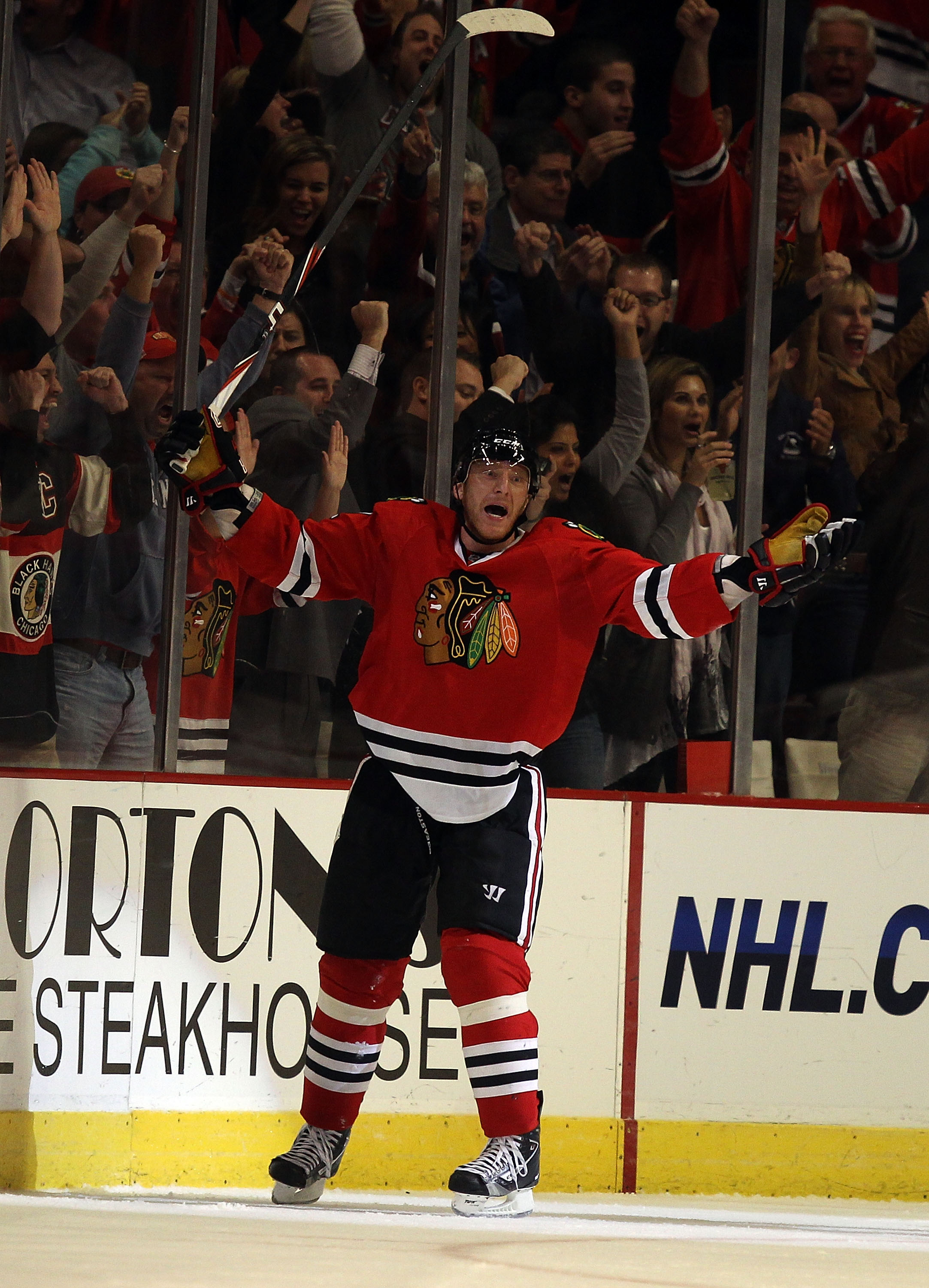 CHICAGO - OCTOBER 18: Marian Hossa #81 of the Chicago Blackhawks celebrates a goal against the St. Louis Blues at the United Center on October 18, 2010 in Chicago, Illinois. The Blackhawks defeated the Blues 3-2 in overtime. (Photo by Jonathan Daniel/Gett