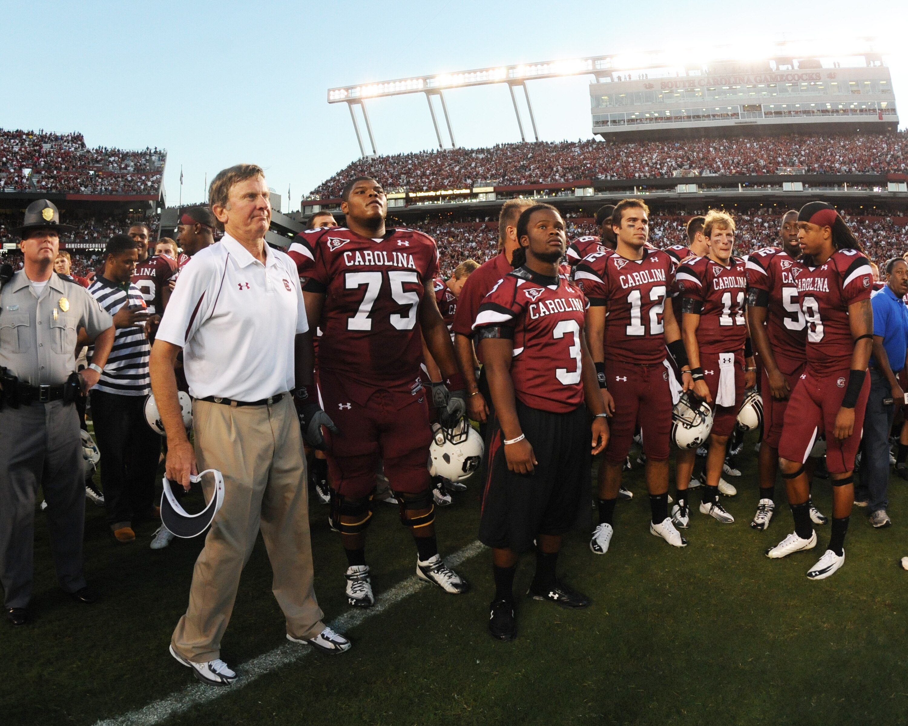 COLUMBIA, SC - OCTOBER 9: Coach Steve Spurrier of the South Carolina Gamecocks lines up with players after play against the Alabama Crimson Tide October 9, 2010 at Williams-Brice Stadium in Columbia, South Carolina.  (Photo by Al Messerschmidt/Getty Image