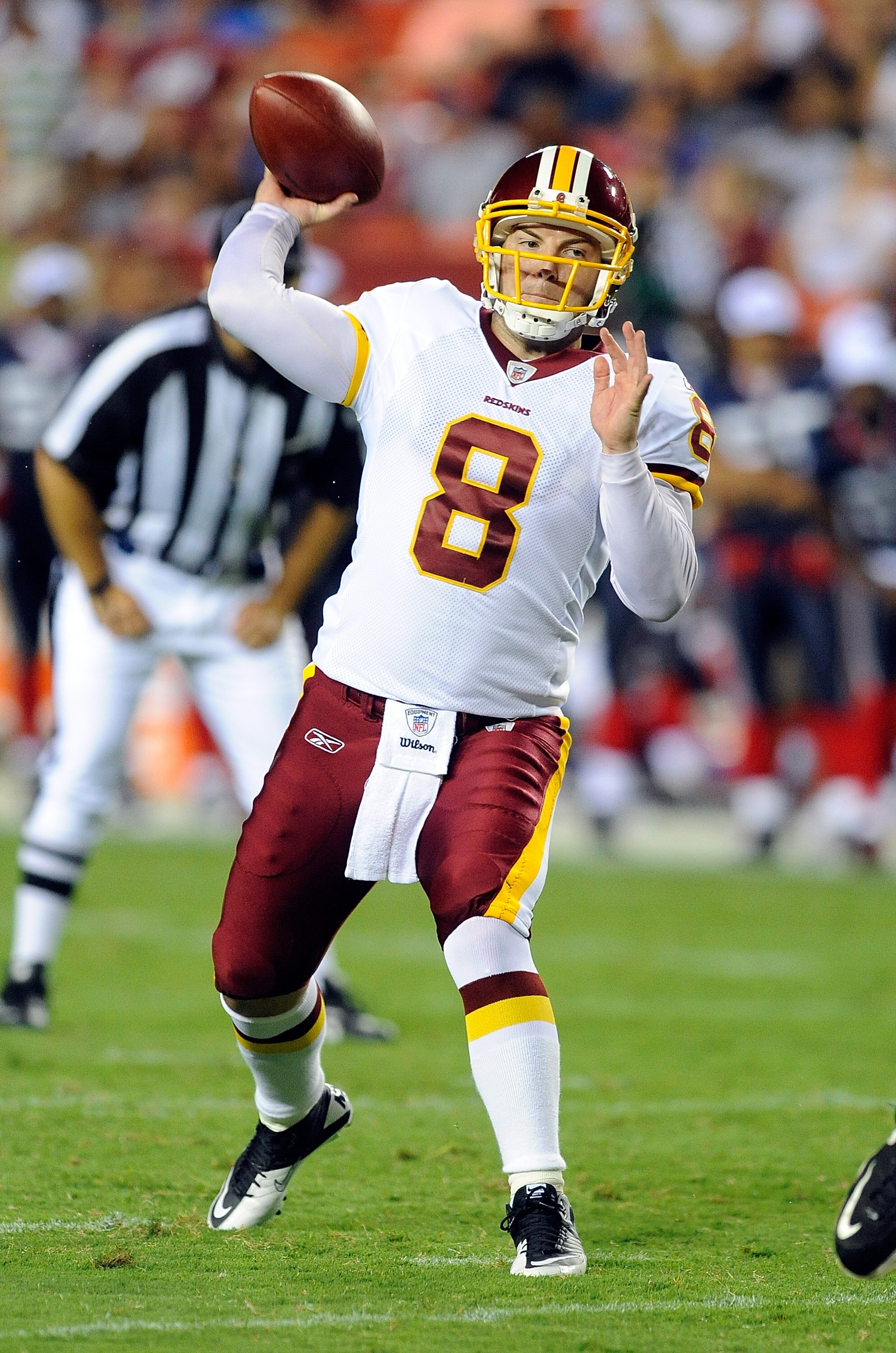 LANDOVER, MD - AUGUST 13:  Rex Grossman #8 of the Washington Redskins throws a pass during the preseason game against the Buffalo Bills at FedEx Field on August 13, 2010 in Landover, Maryland.  (Photo by Greg Fiume/Getty Images)